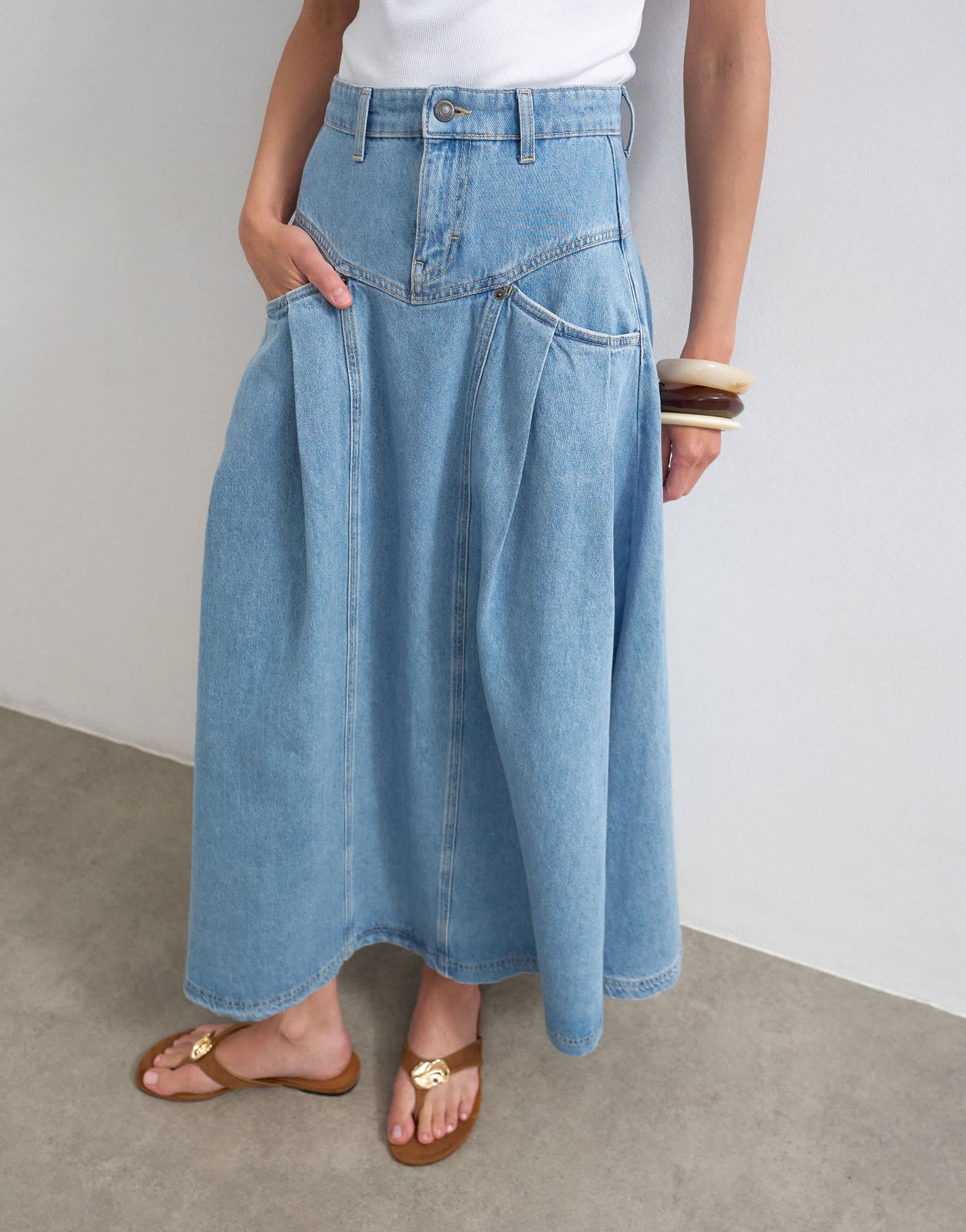 Topshop denim pleated maxi skirt in bleach