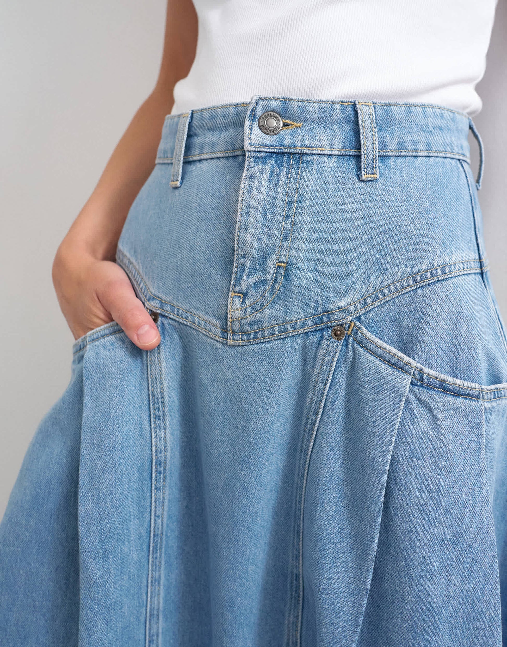 Topshop denim pleated maxi skirt in bleach