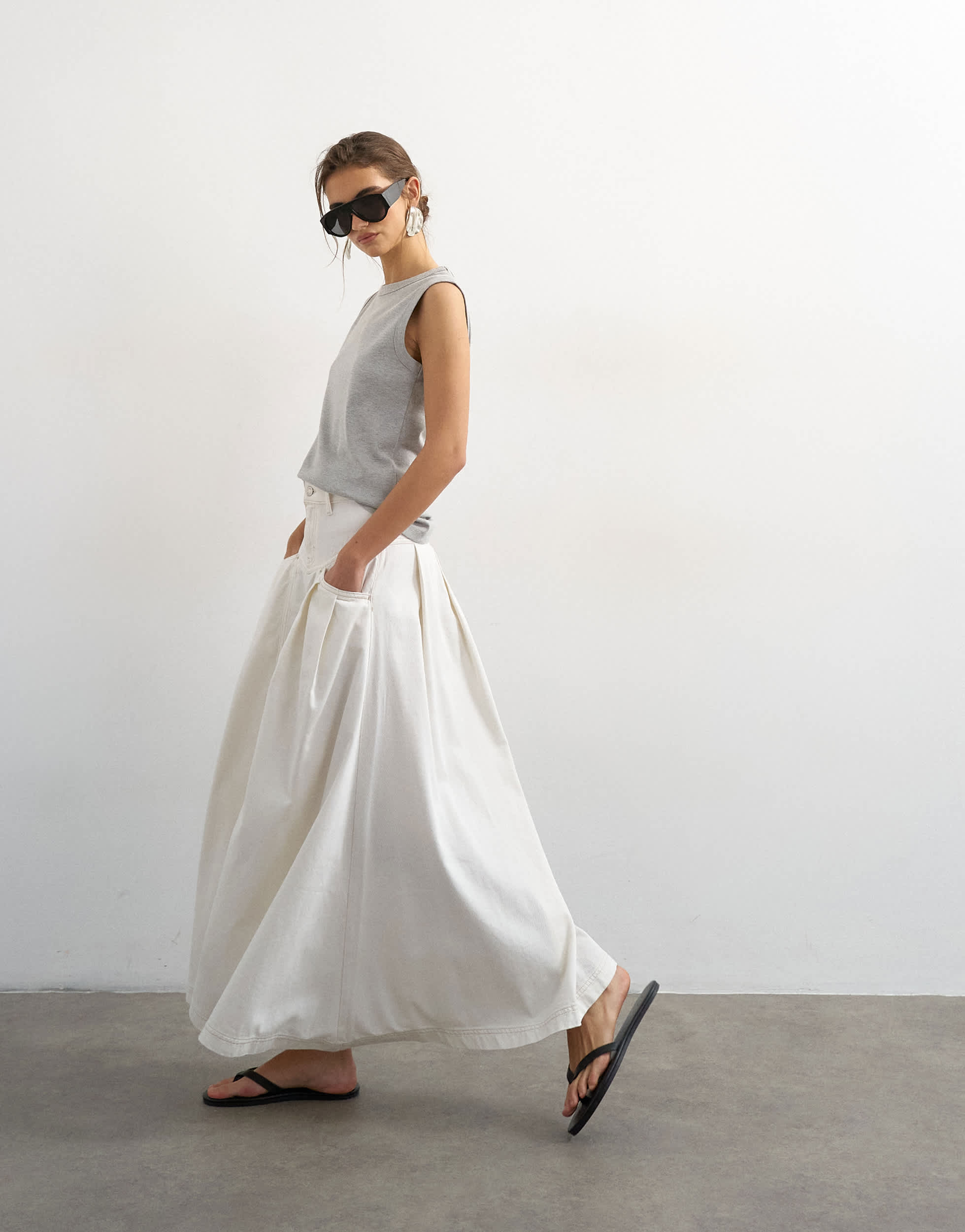 Topshop denim pleated maxi skirt in bone