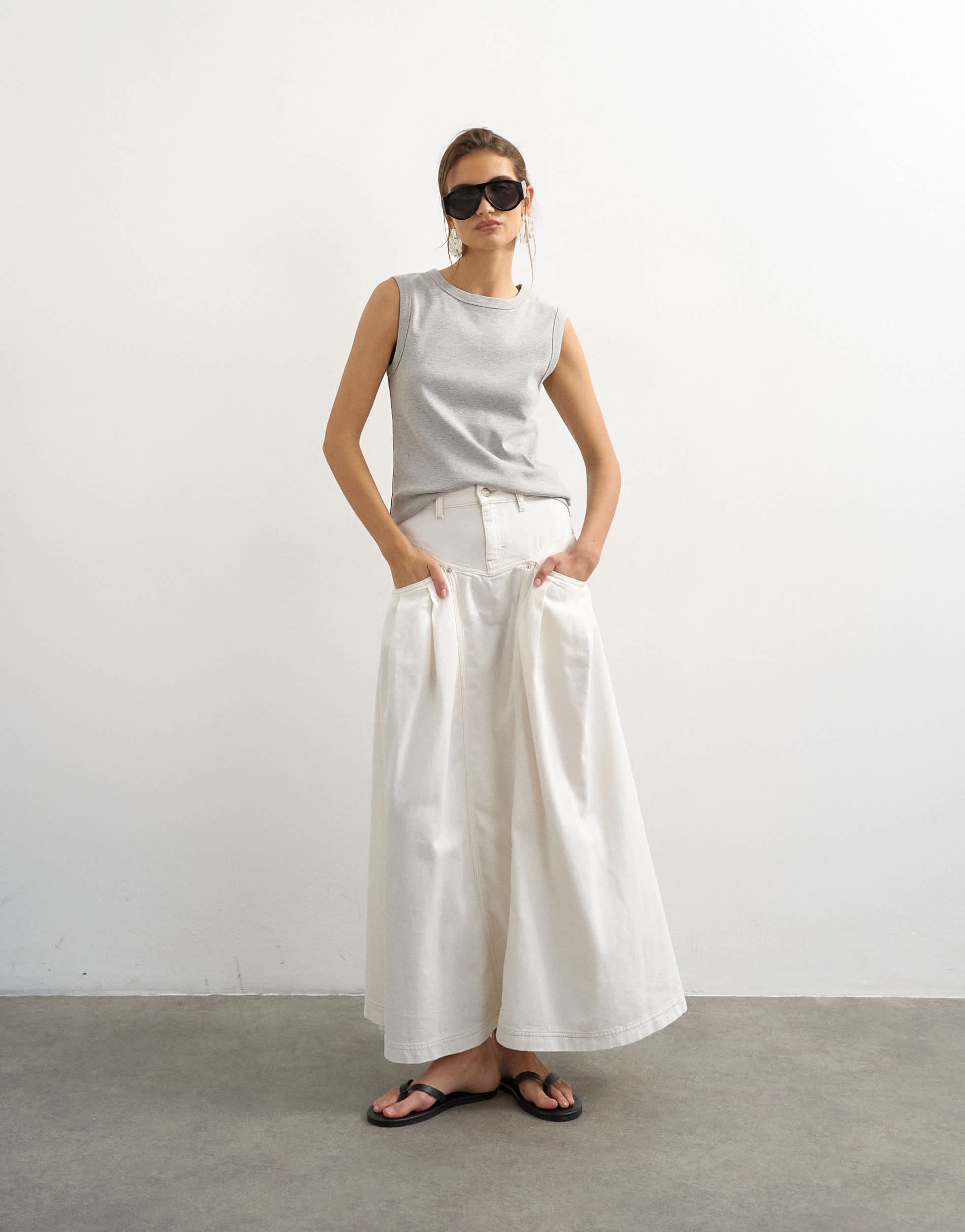 Topshop denim pleated maxi skirt in bone