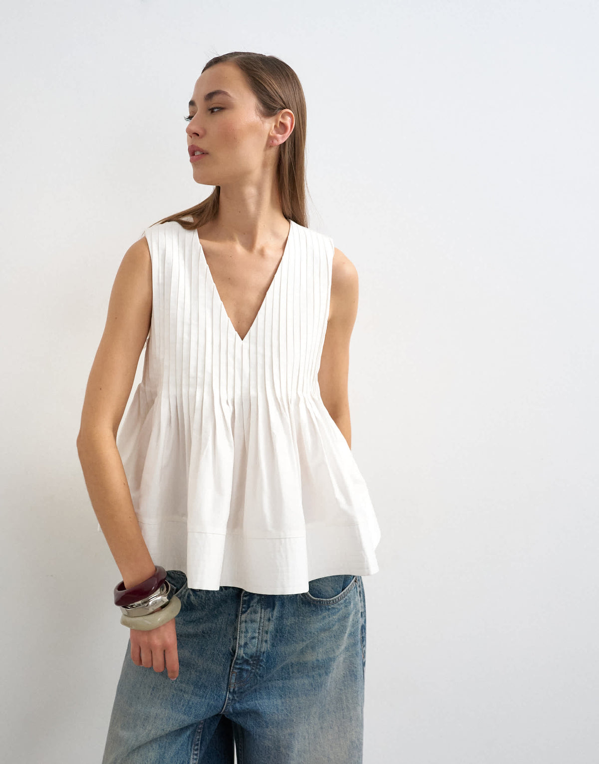 Topshop v neck pintuck detail a line top in white