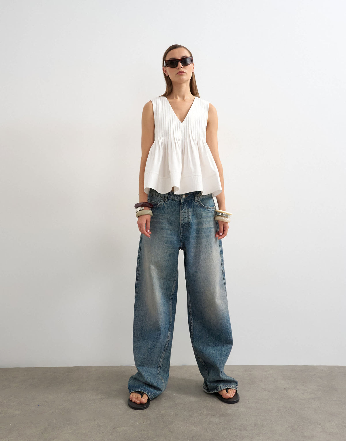 Topshop v neck pintuck detail a line top in white