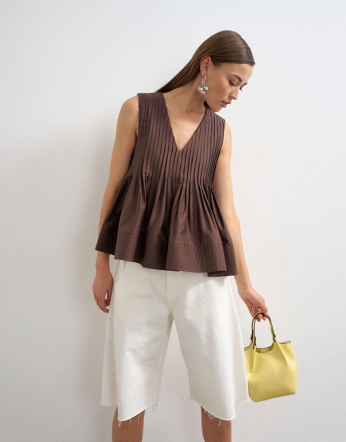 Topshop v neck pintuck detail a line top in chocolate