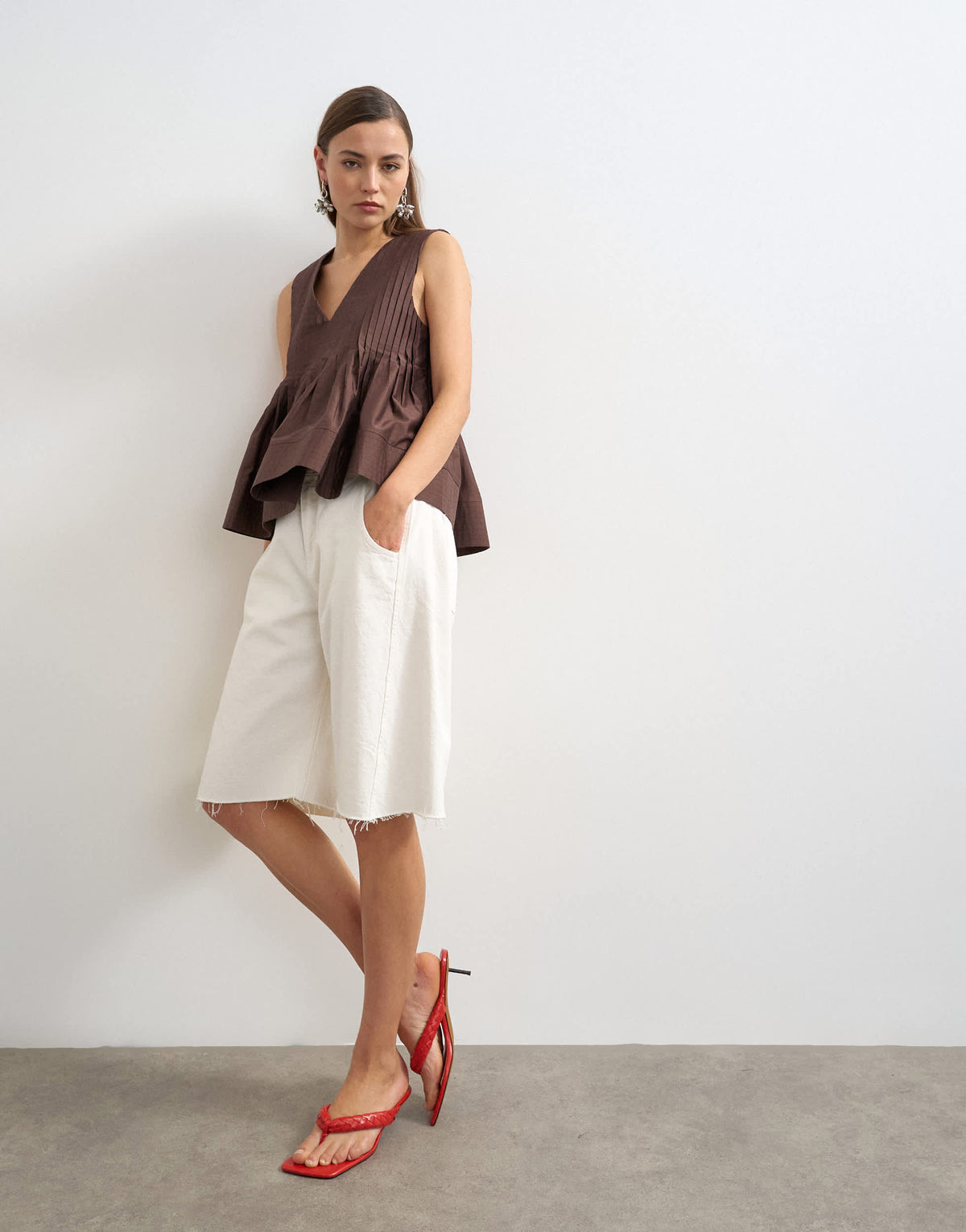 Topshop v neck pintuck detail a line top in chocolate
