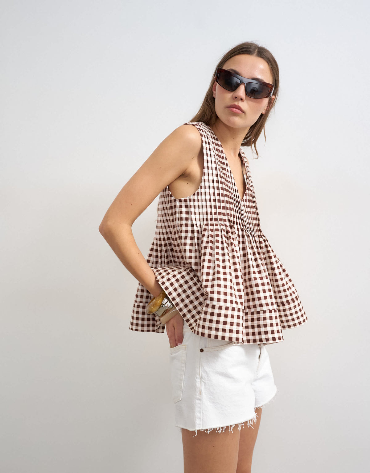 Topshop v neck pintuck detail a line top in gingham check 