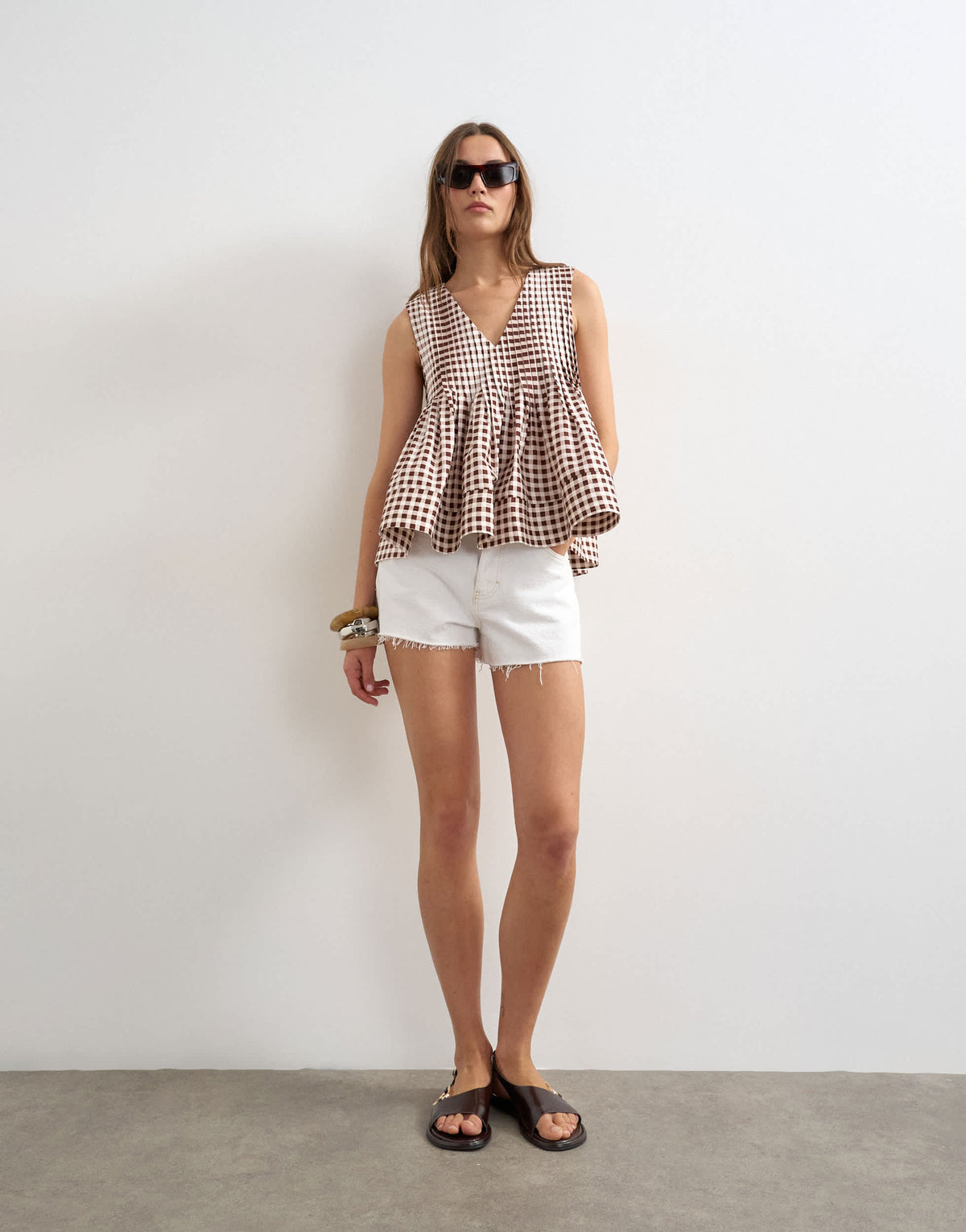Topshop v neck pintuck detail a line top in gingham check 