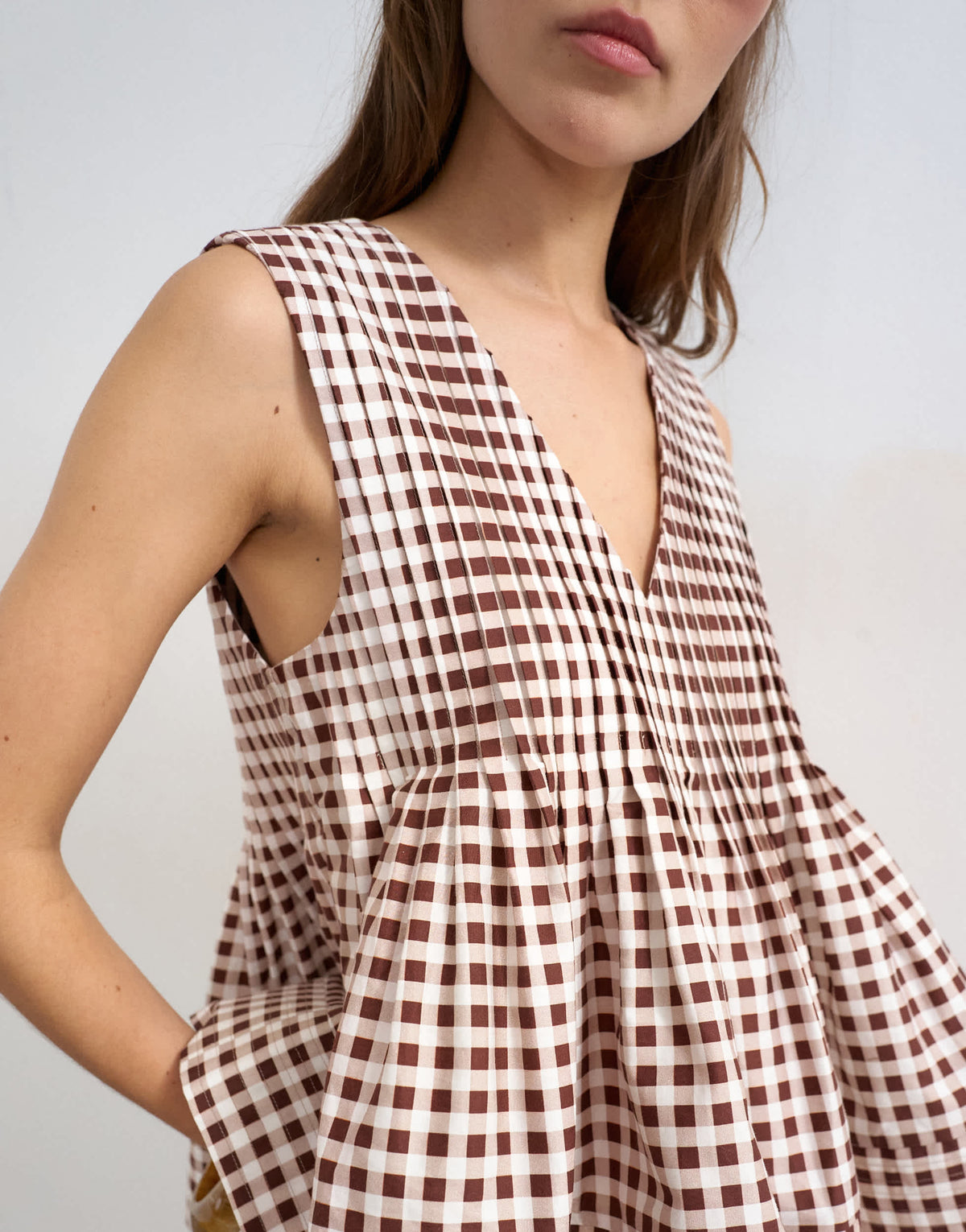 Topshop v neck pintuck detail a line top in gingham check 