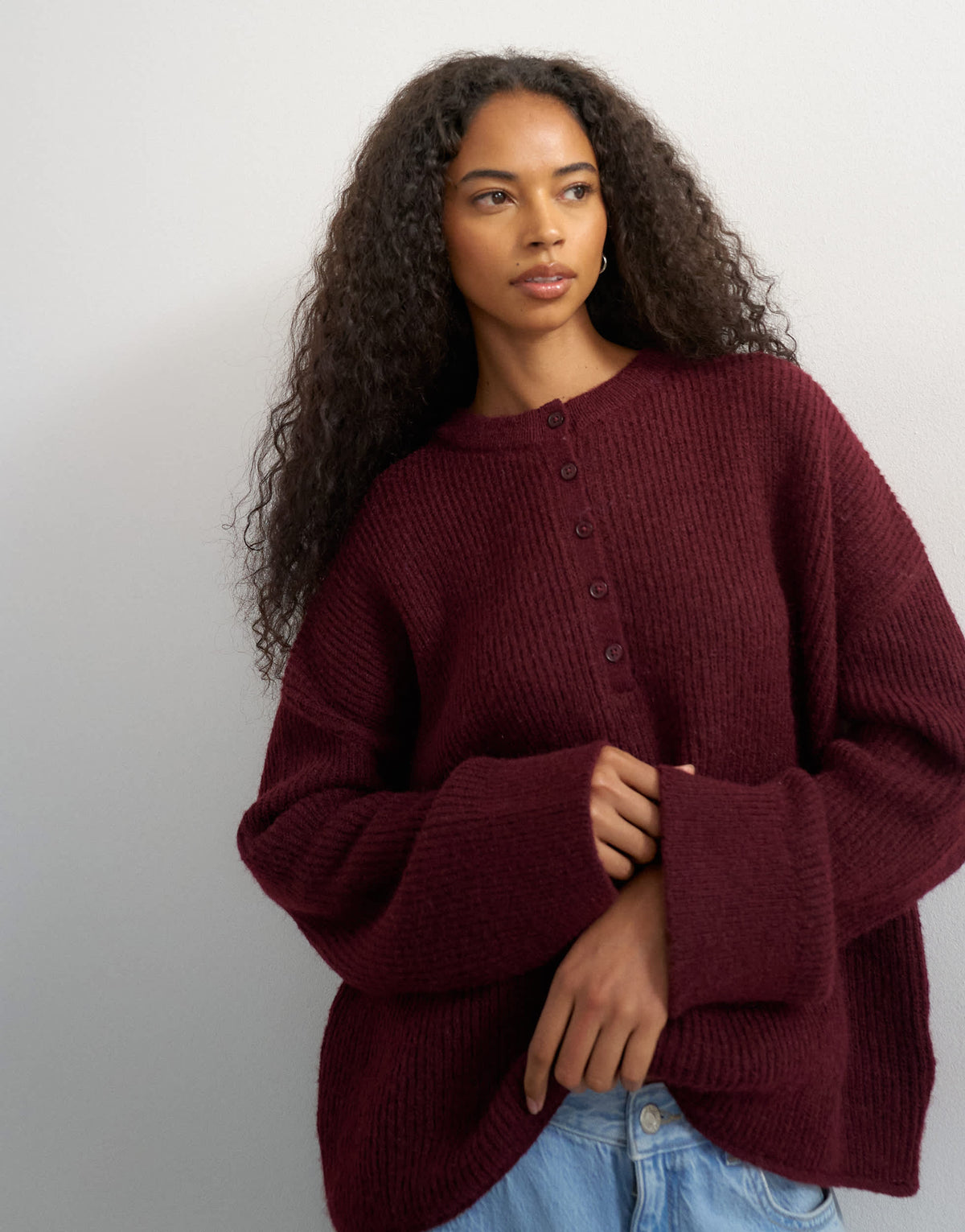 Topshop knitted easy Henley jumper in burgundy