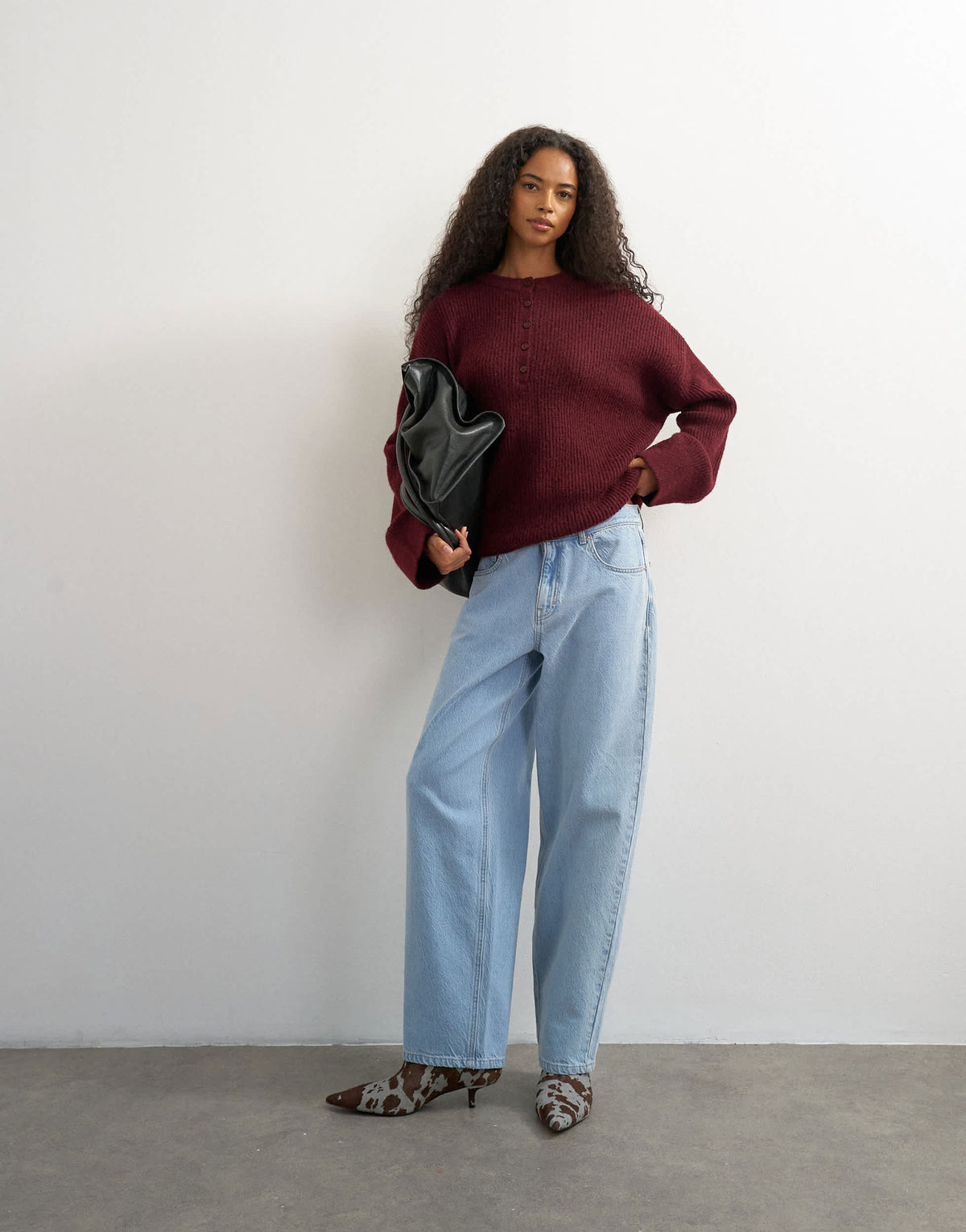 Topshop knitted easy Henley jumper in burgundy