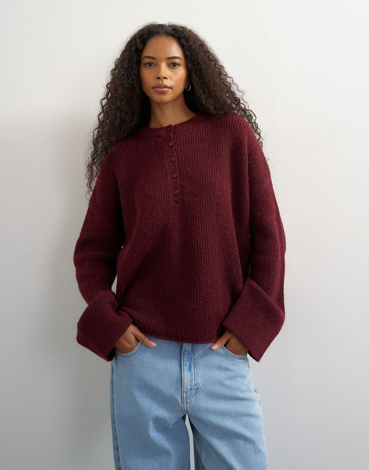 Topshop knitted easy Henley jumper in burgundy