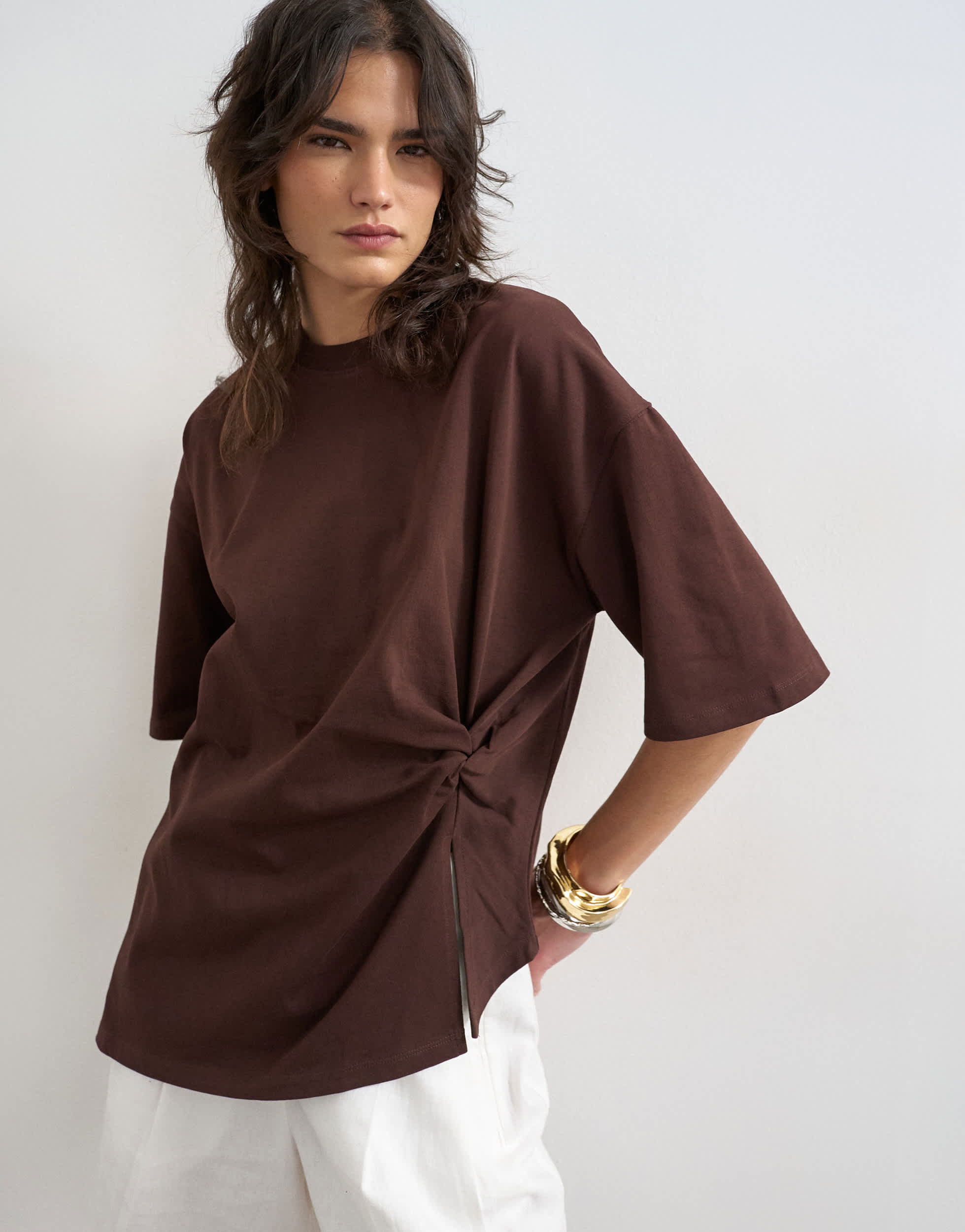 Topshop knot twist t-shirt in dark chocolate