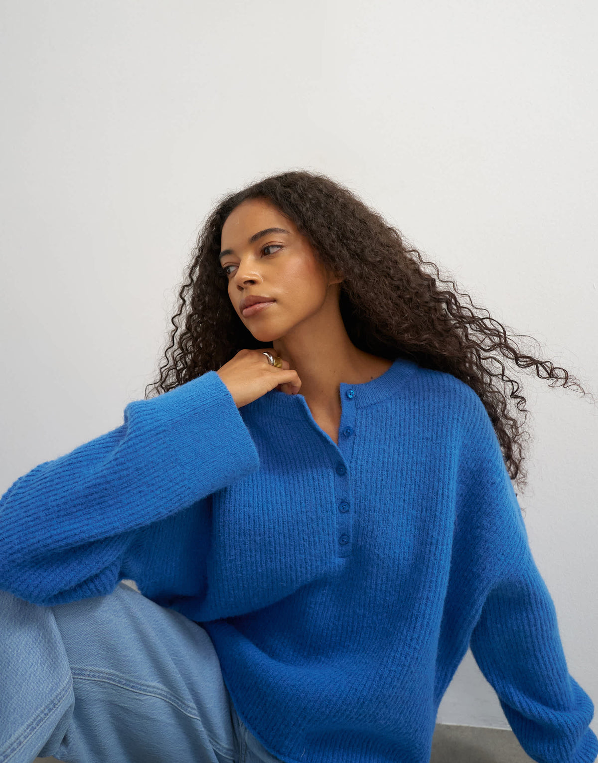 Topshop knitted easy Henley jumper in cobalt blue
