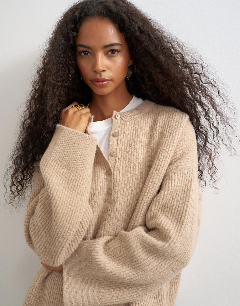 Topshop gestrickter Easy Henley Pullover in Hafer