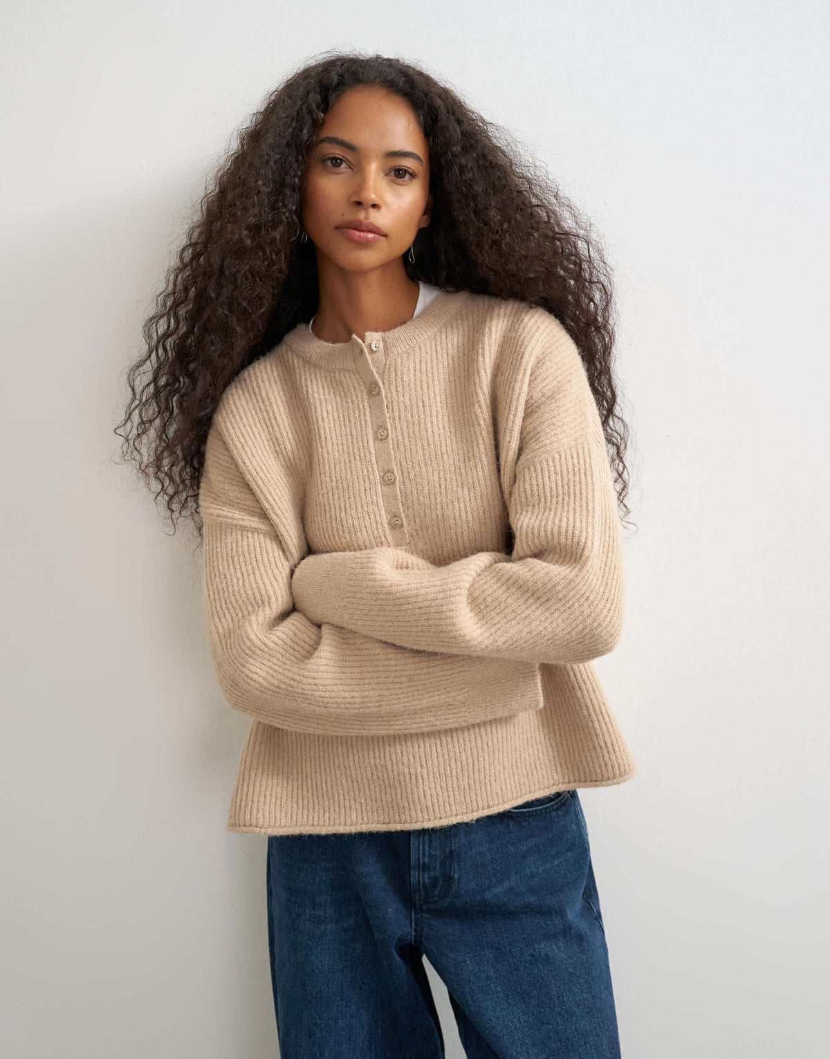 Topshop knitted easy Henley jumper in oat
