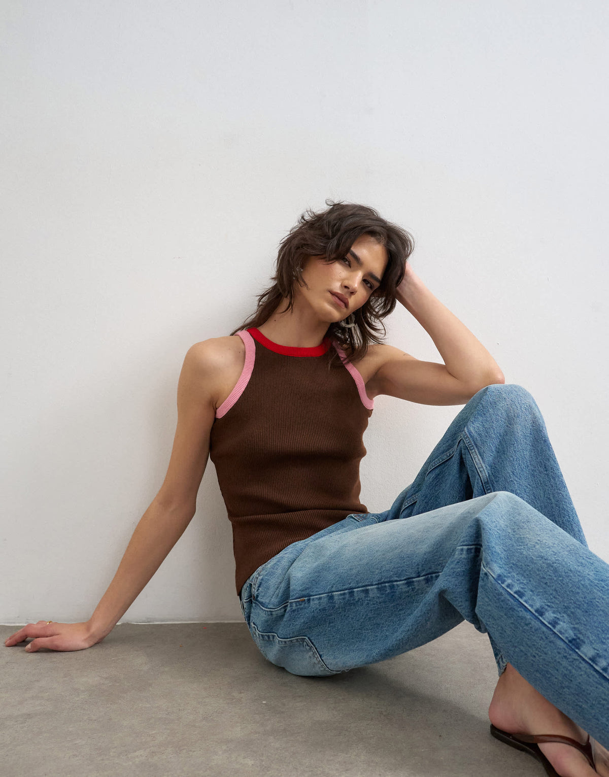 Topshop knitted multi colour trim racer vest in brown