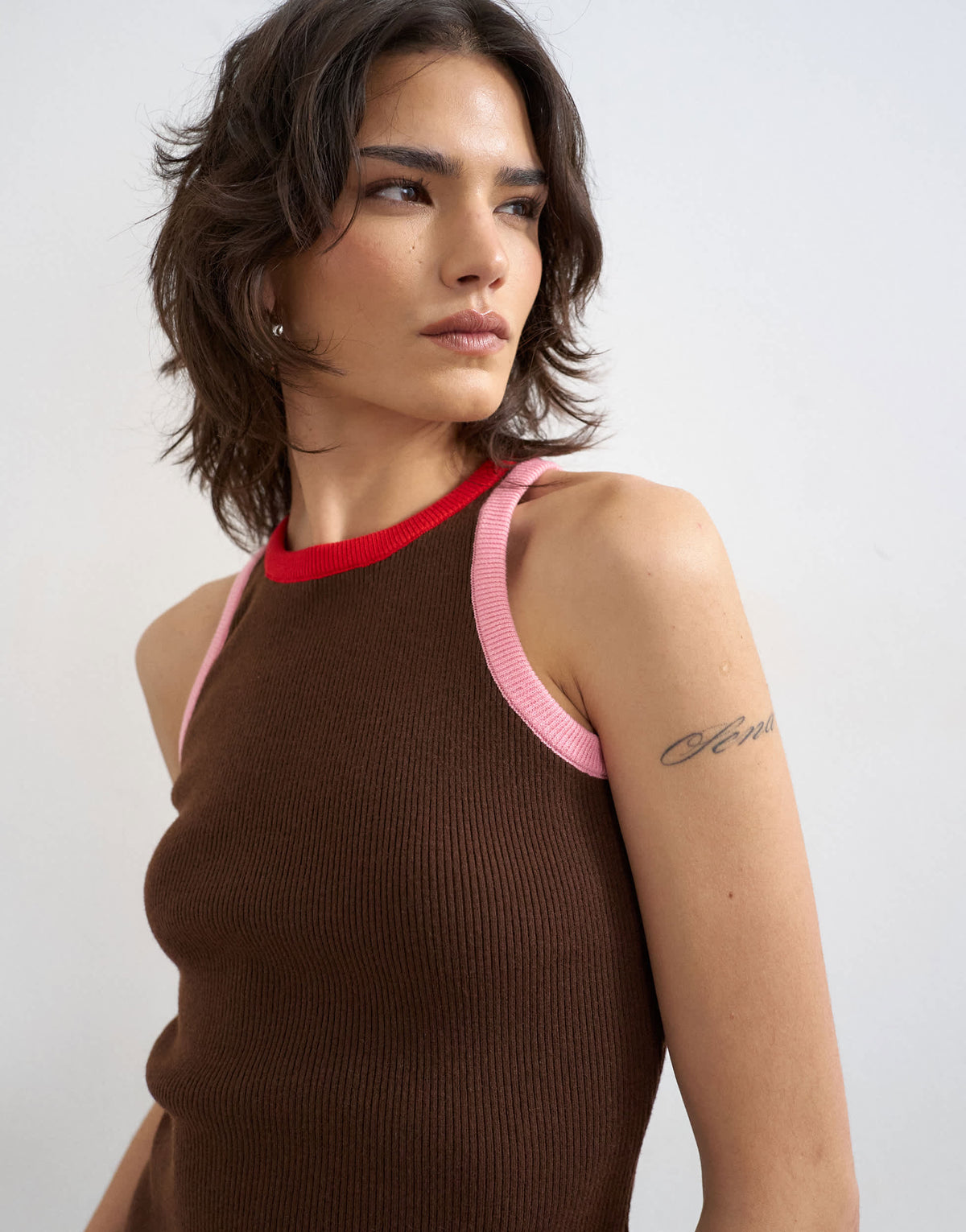 Topshop knitted multi colour trim racer vest in brown