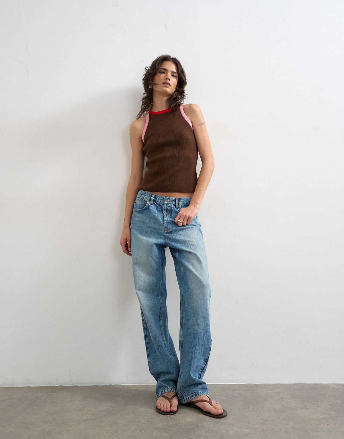 Topshop knitted multi colour trim racer vest in brown