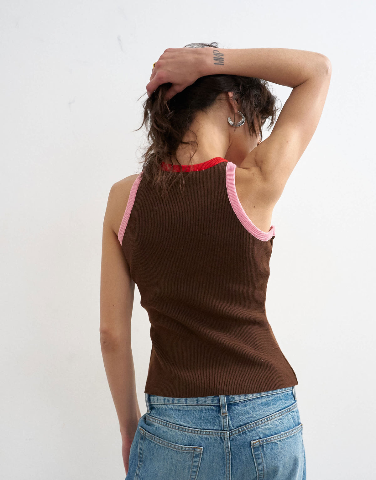 Topshop knitted multi colour trim racer vest in brown