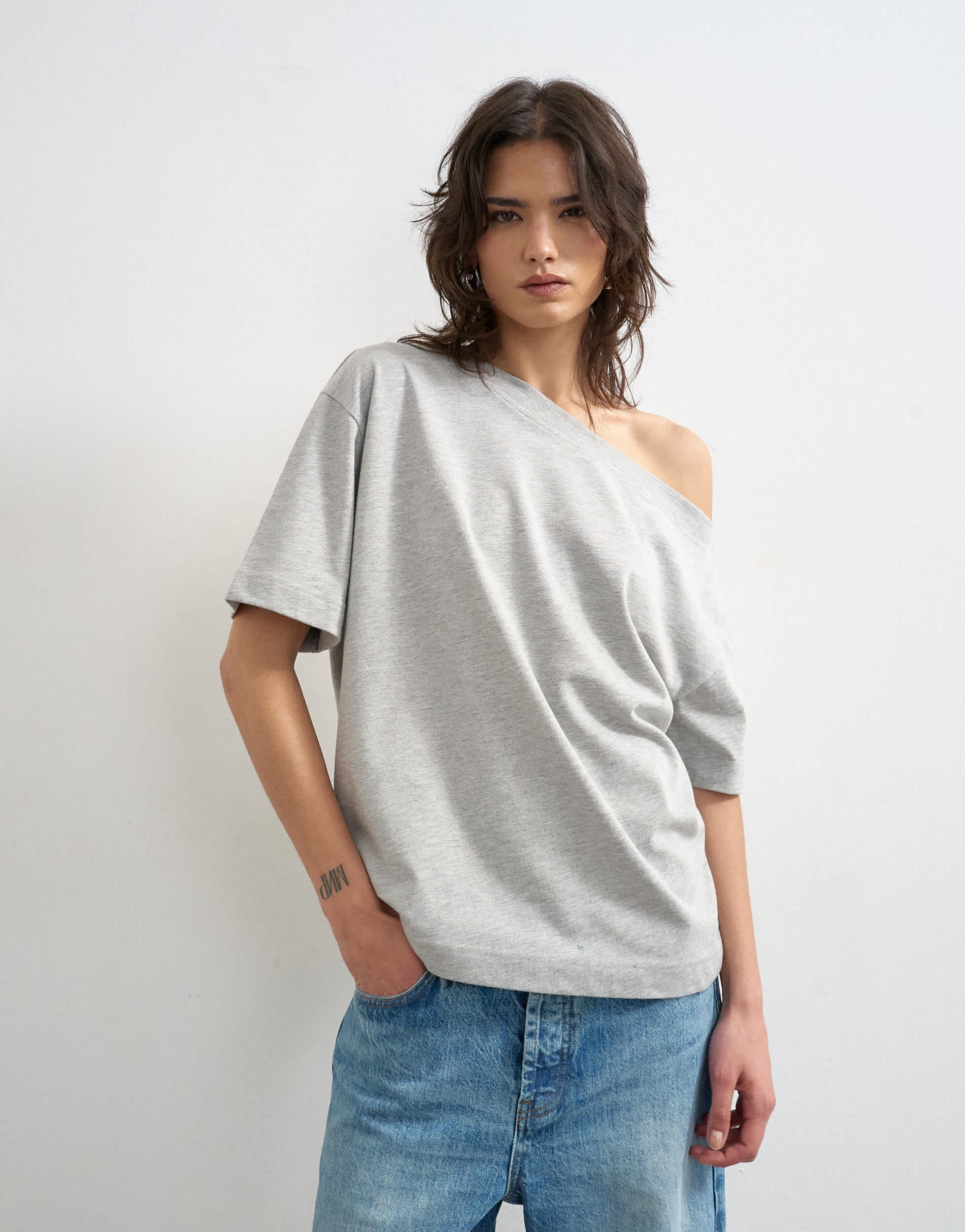 Topshop fallen shoulder t-shirt in grey marl