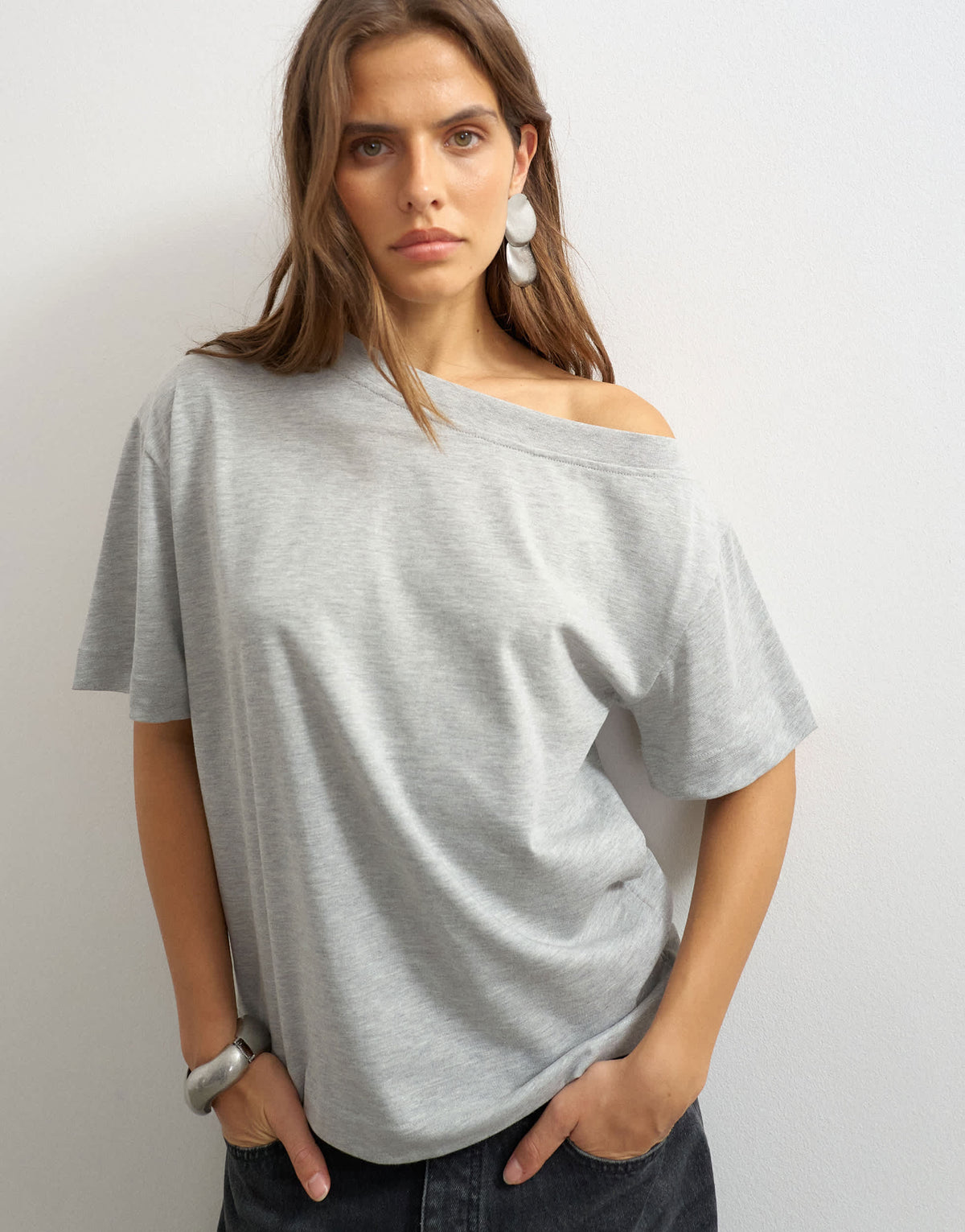 Topshop fallen shoulder t-shirt in grey marl