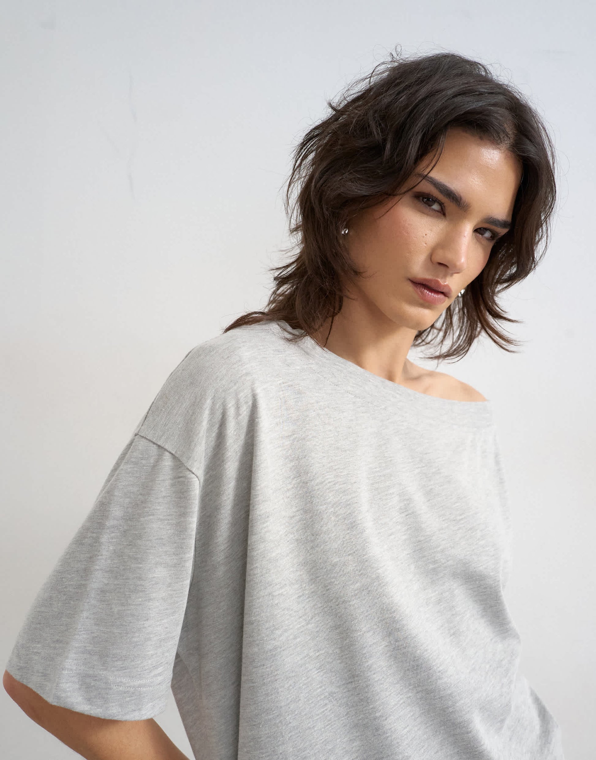 Topshop fallen shoulder t-shirt in grey marl