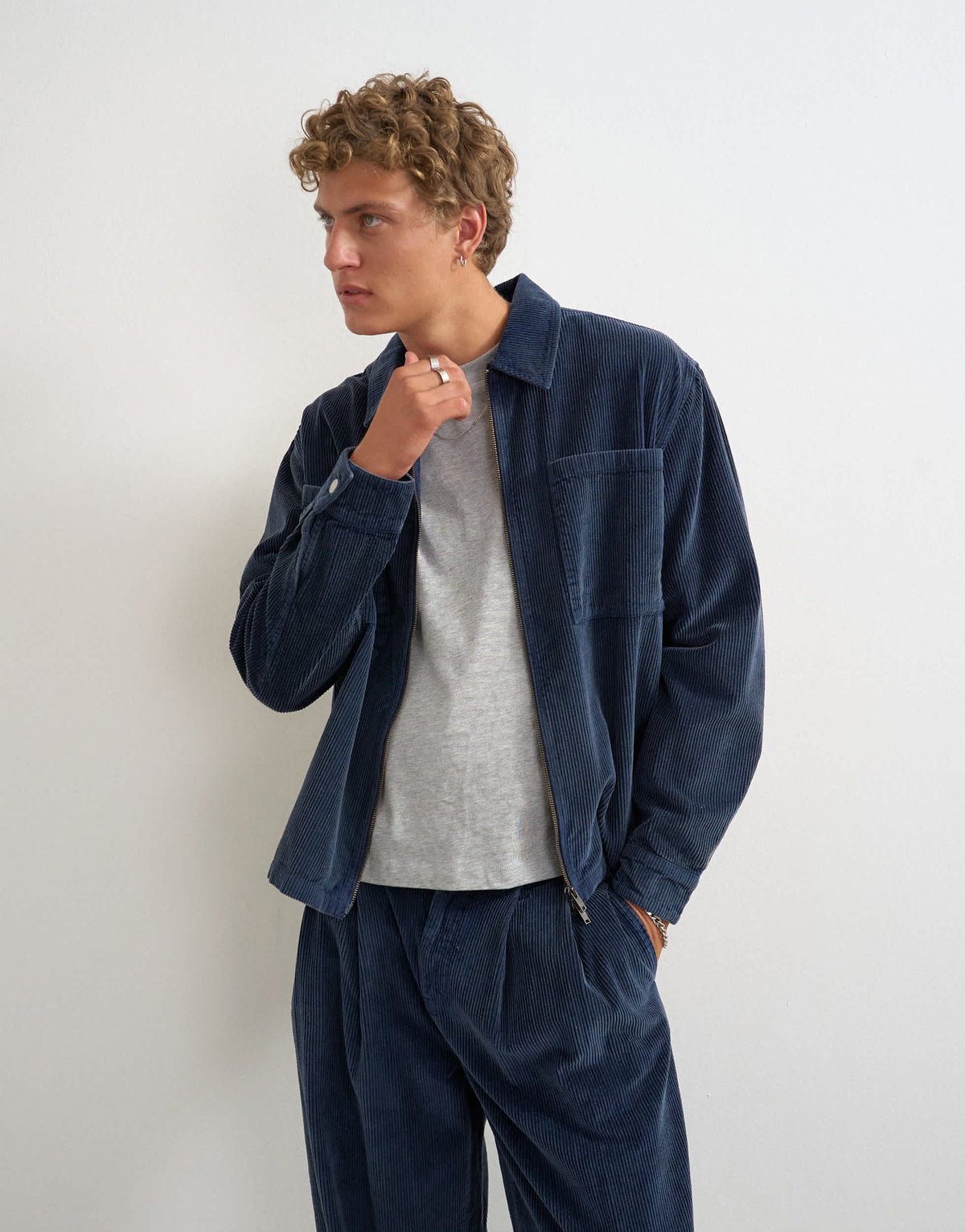Topman relaxed fit crop washed cord overshirt in washed blue