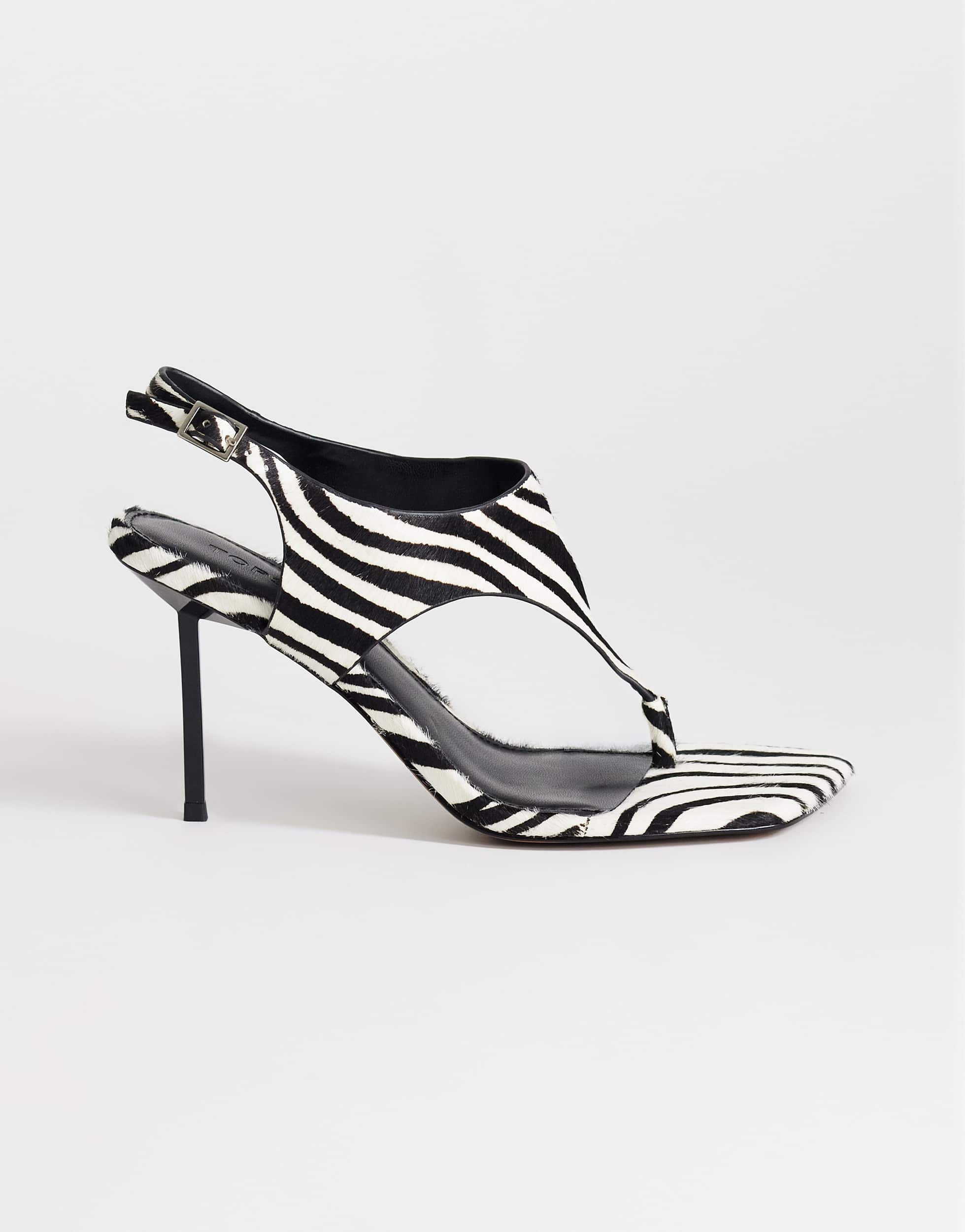 Topshop Sandy hair on real leather toe thong high heeled sandal in black and white zebra