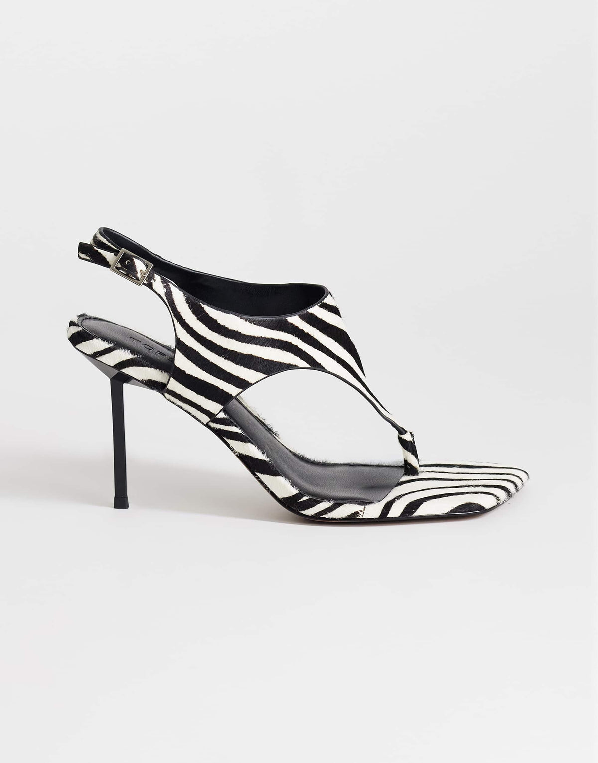 Topshop Sandy hair on real leather toe thong high heeled sandal in black and white zebra