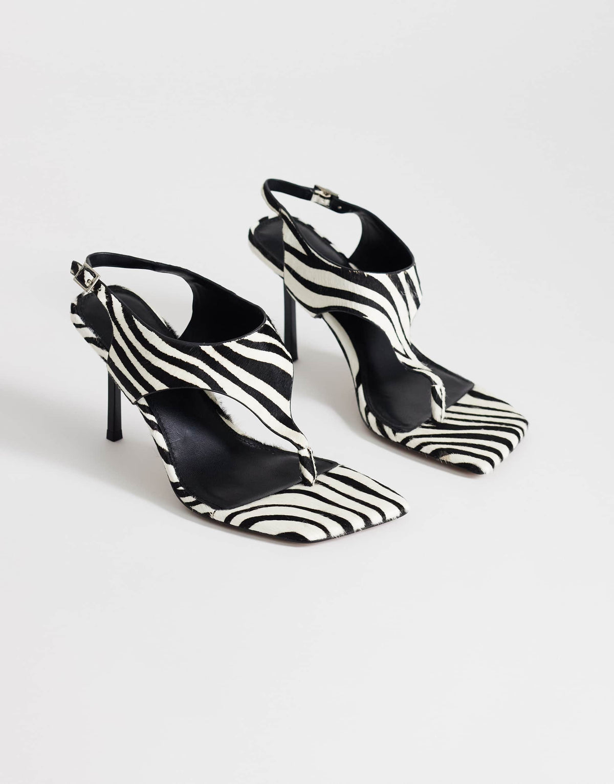 Topshop Sandy hair on real leather toe thong high heeled sandal in black and white zebra