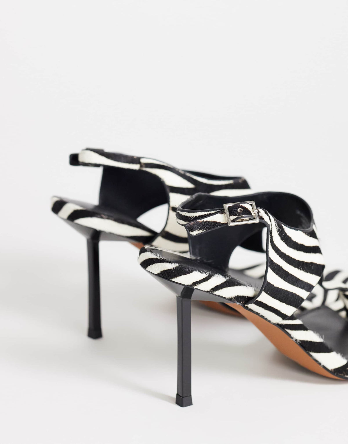Topshop Sandy hair on real leather toe thong high heeled sandal in black and white zebra