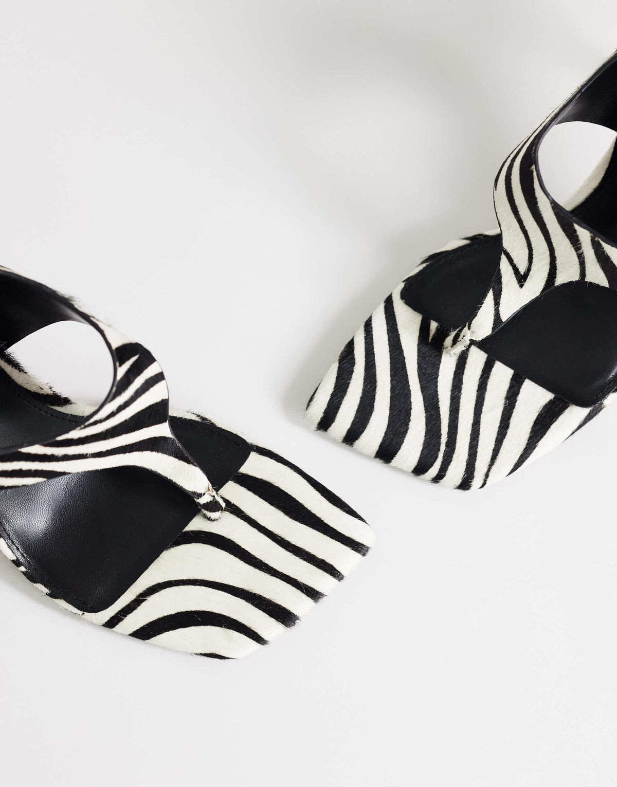 Topshop Sandy hair on real leather toe thong high heeled sandal in black and white zebra
