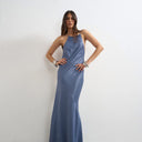 Topshop satin bias halter neck open scoop back maxi dress in denim blue