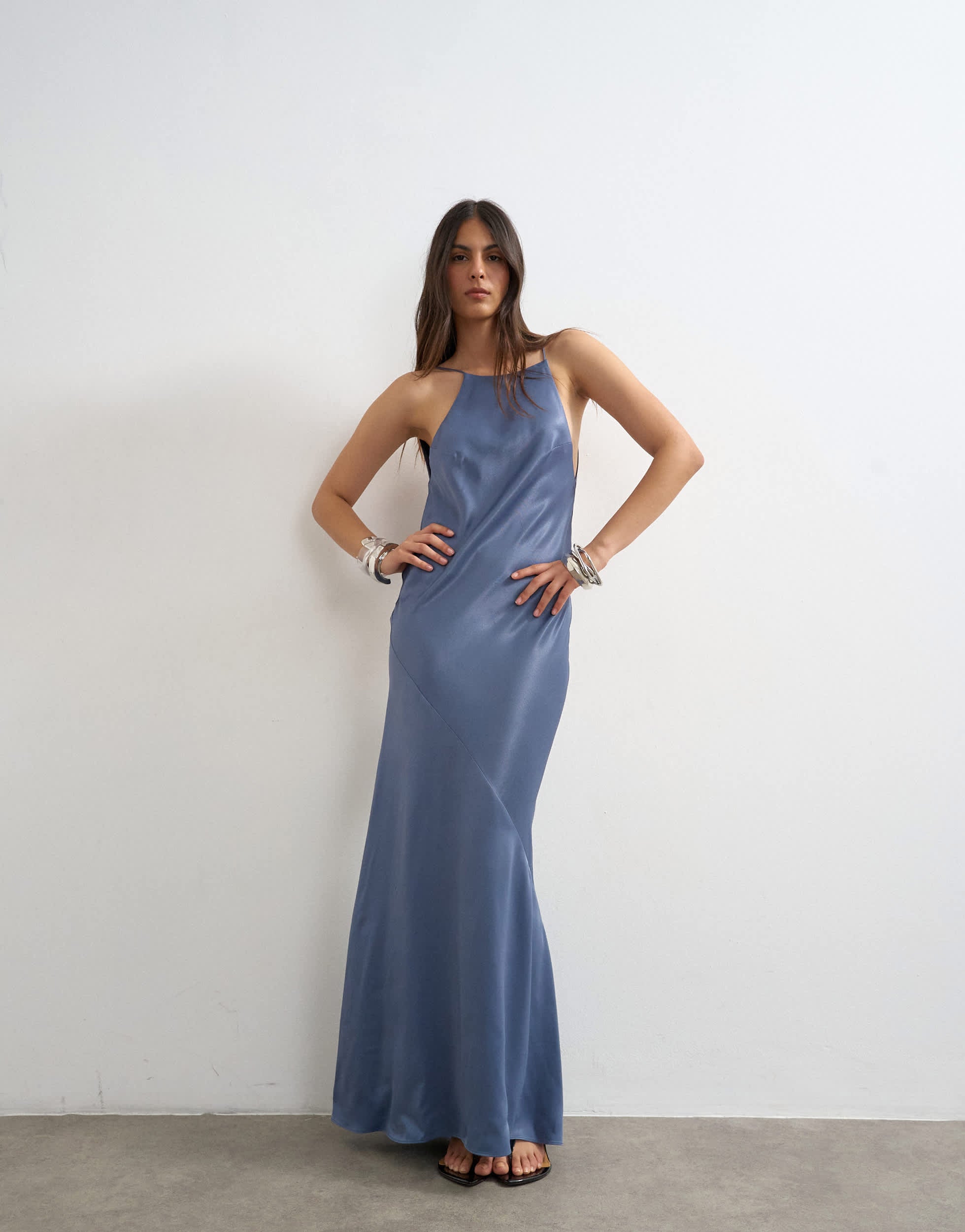 Topshop satin bias halter neck open scoop back maxi dress in denim blue