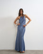 Topshop satin bias halter neck open scoop back maxi dress in denim blue