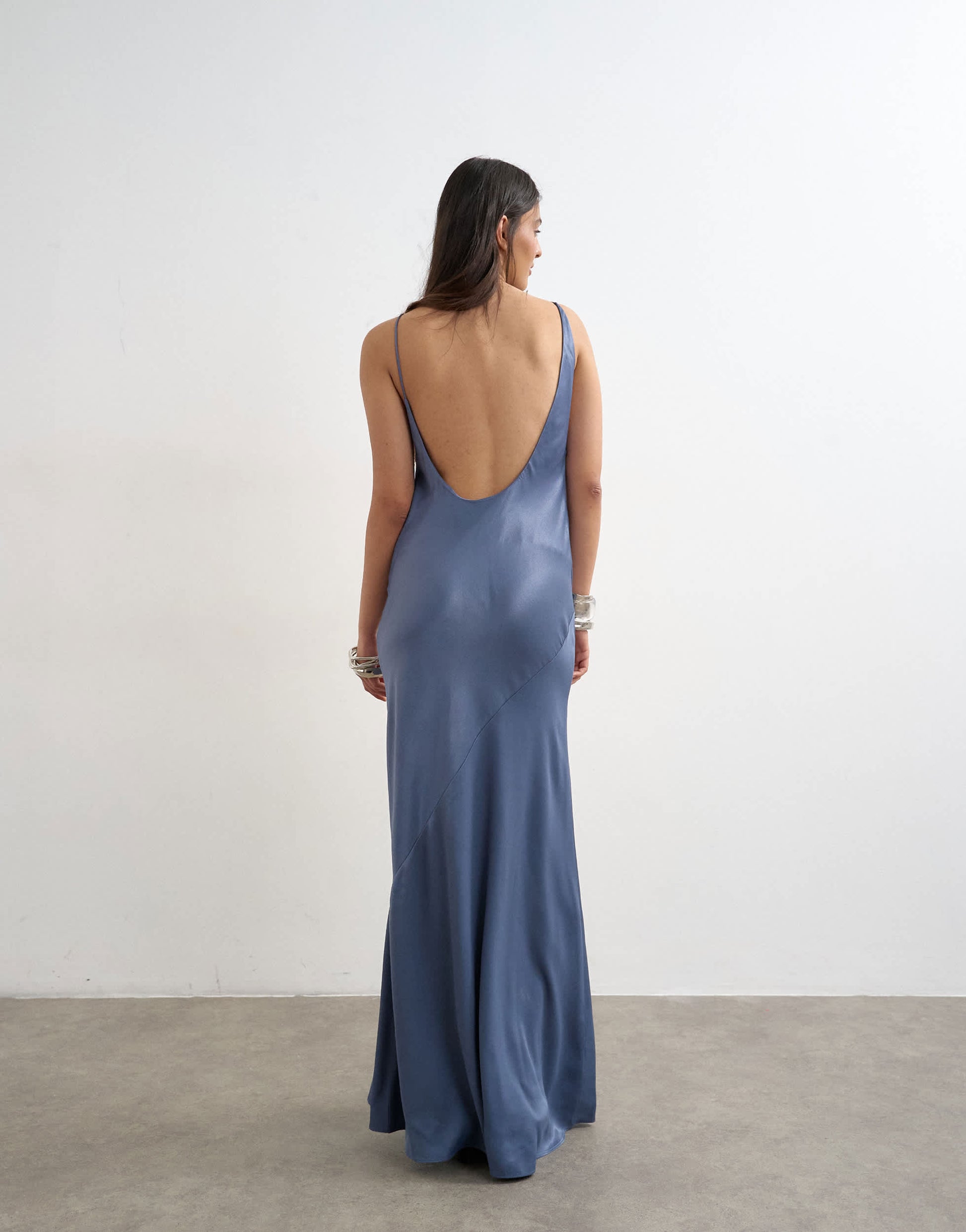 Topshop satin bias halter neck open scoop back maxi dress in denim blue