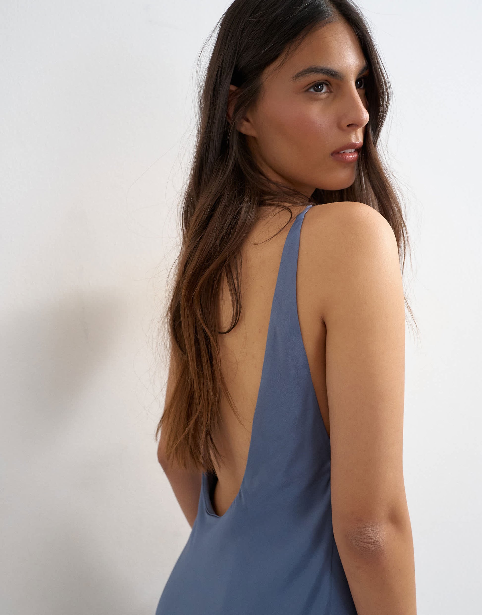 Topshop satin bias halter neck open scoop back maxi dress in denim blue