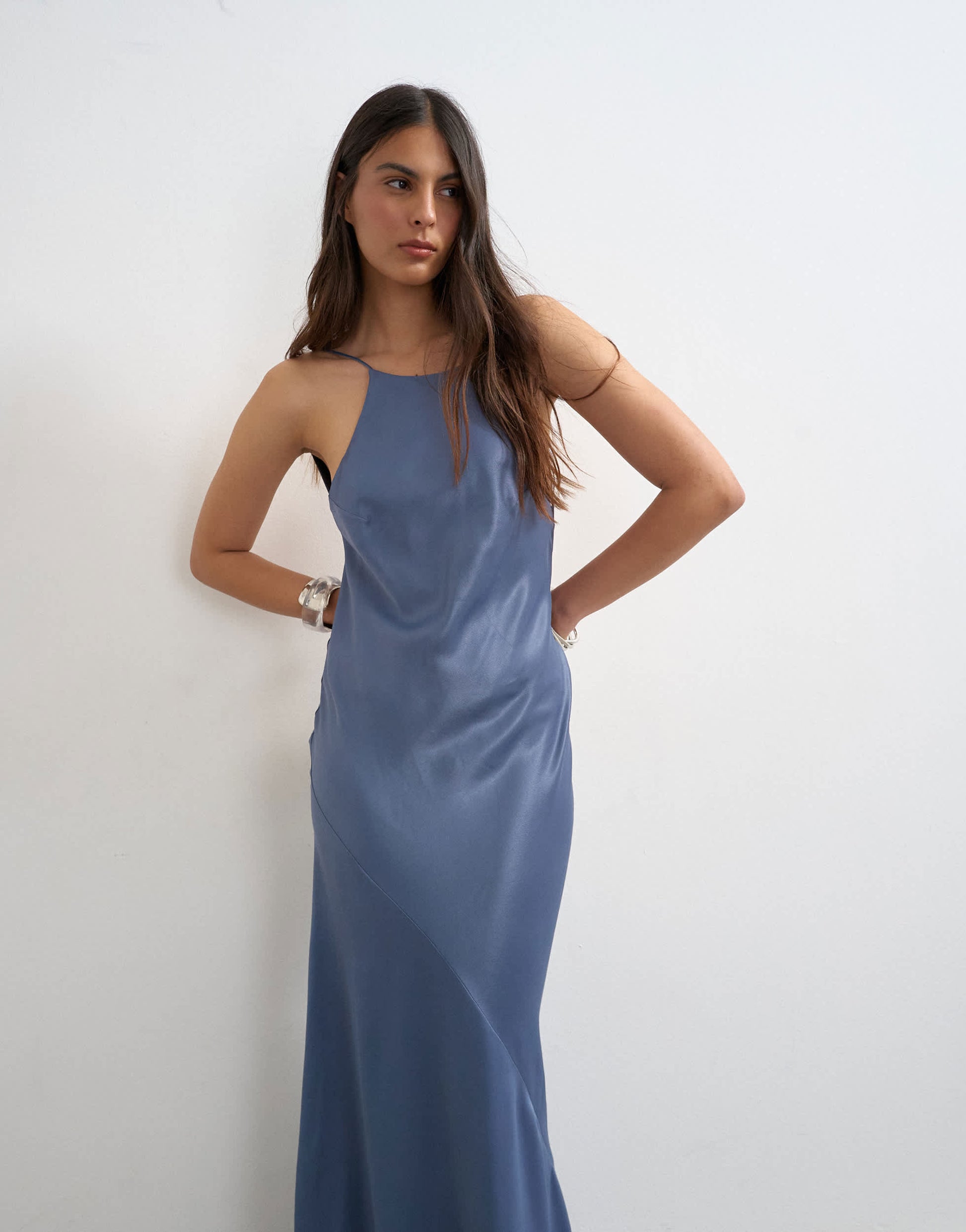Topshop satin bias halter neck open scoop back maxi dress in denim blue