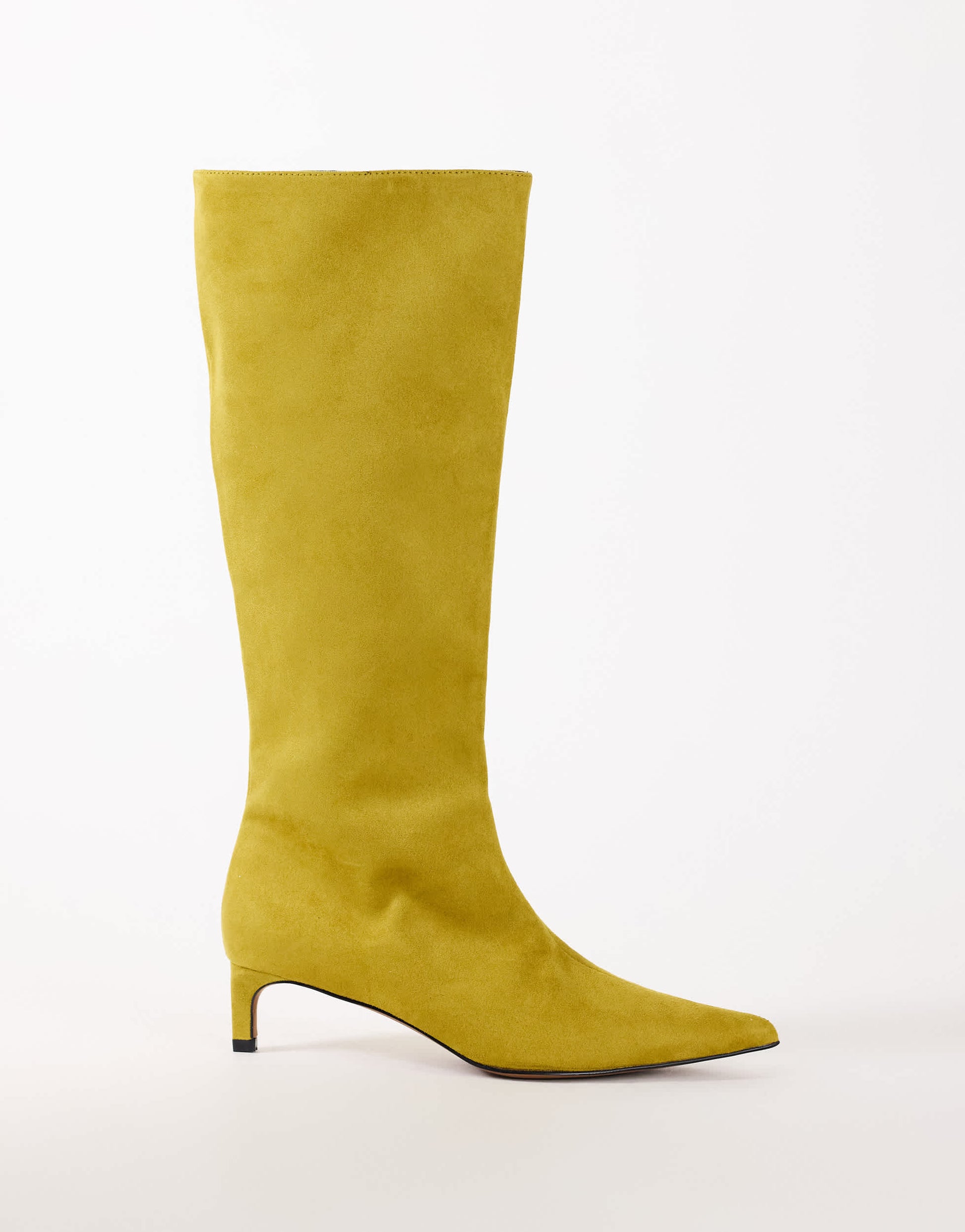 Topshop Troy kitten heel knee high boot in olive faux suede