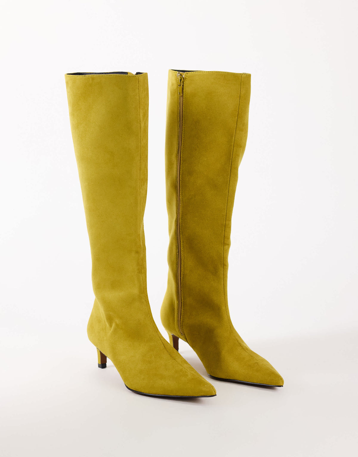 Topshop Troy kitten heel knee high boot in olive faux suede