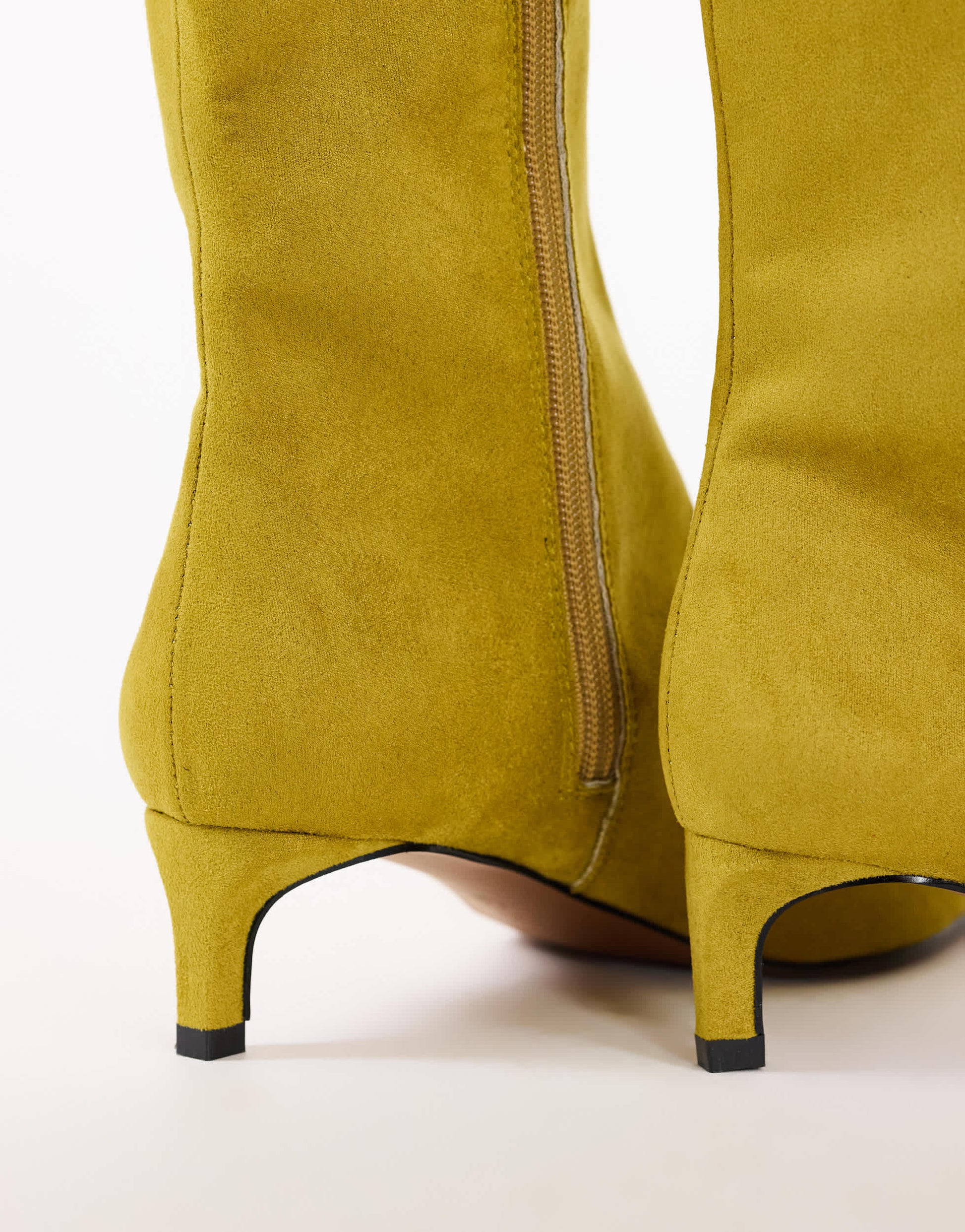 Topshop Troy kitten heel knee high boot in olive faux suede