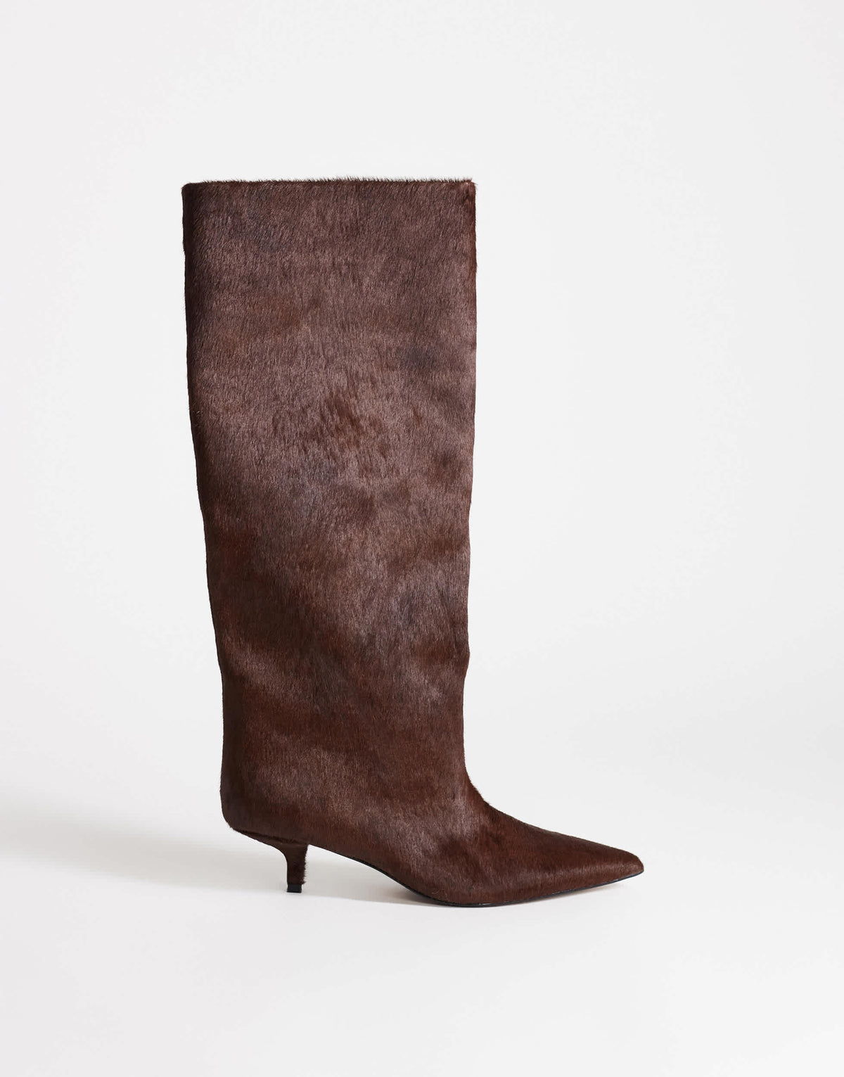 Topshop Tina hair on real leather kitten heel knee boot in chestnut