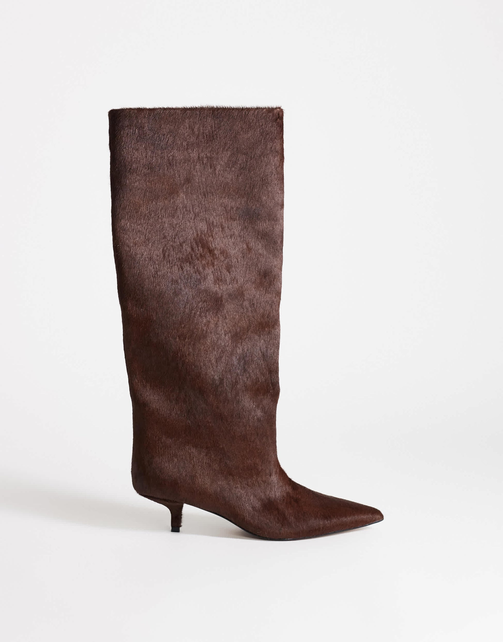 Topshop Tina hair on real leather kitten heel knee boot in chestnut