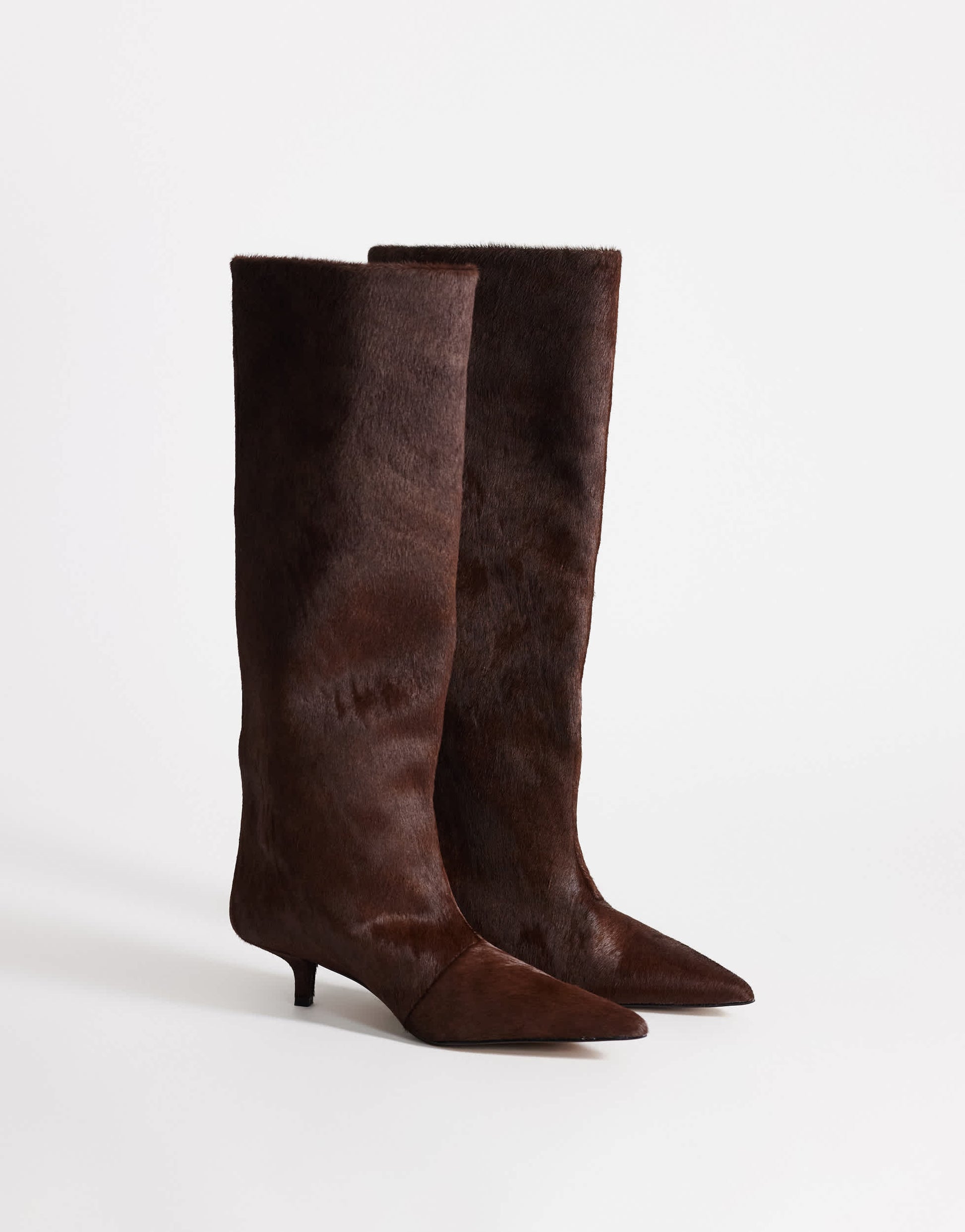 Topshop Tina hair on real leather kitten heel knee boot in chestnut