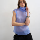 Topshop high neck grown on shoulder sheer organza top in cornflour blue