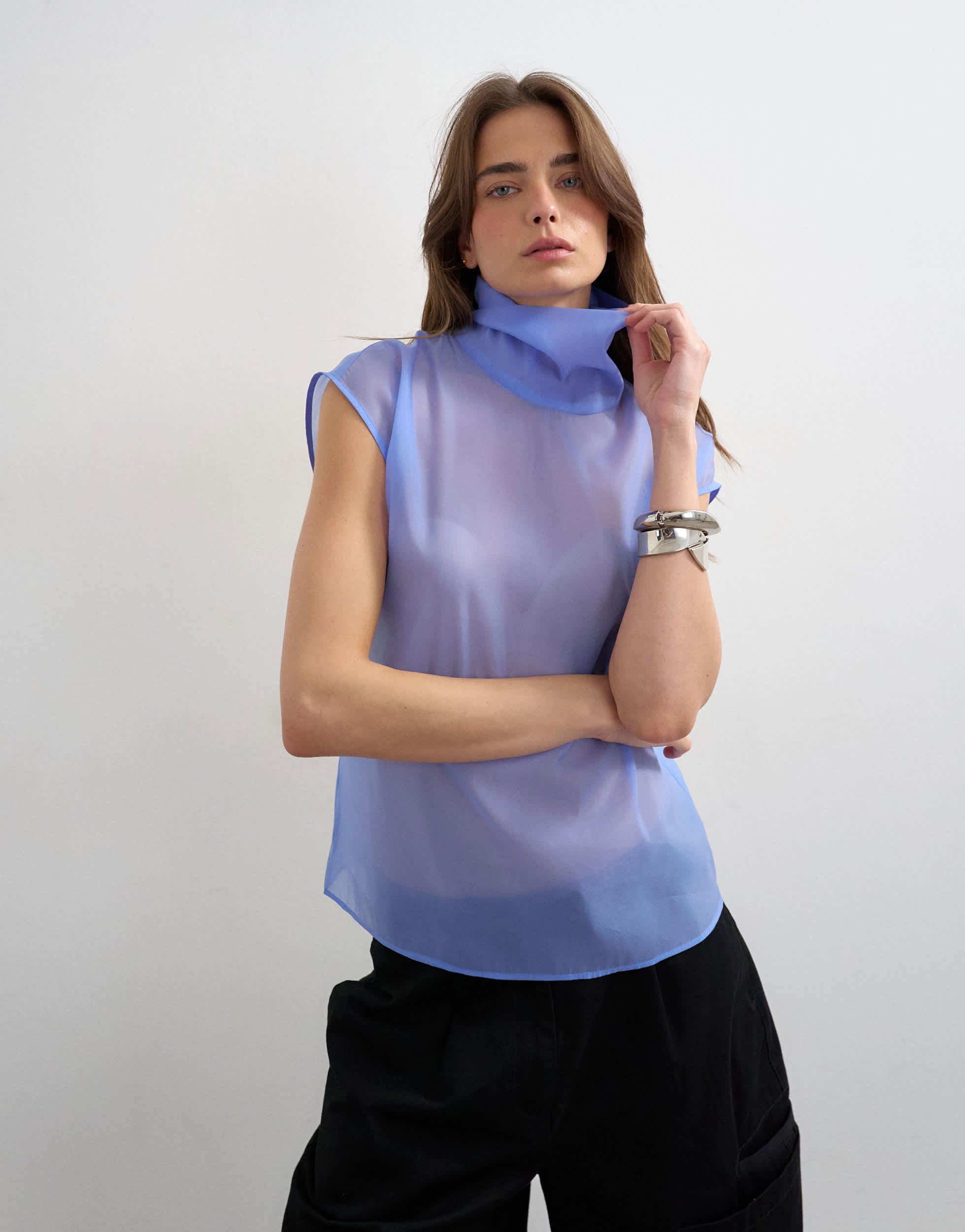 Topshop high neck grown on shoulder sheer organza top in cornflour blue