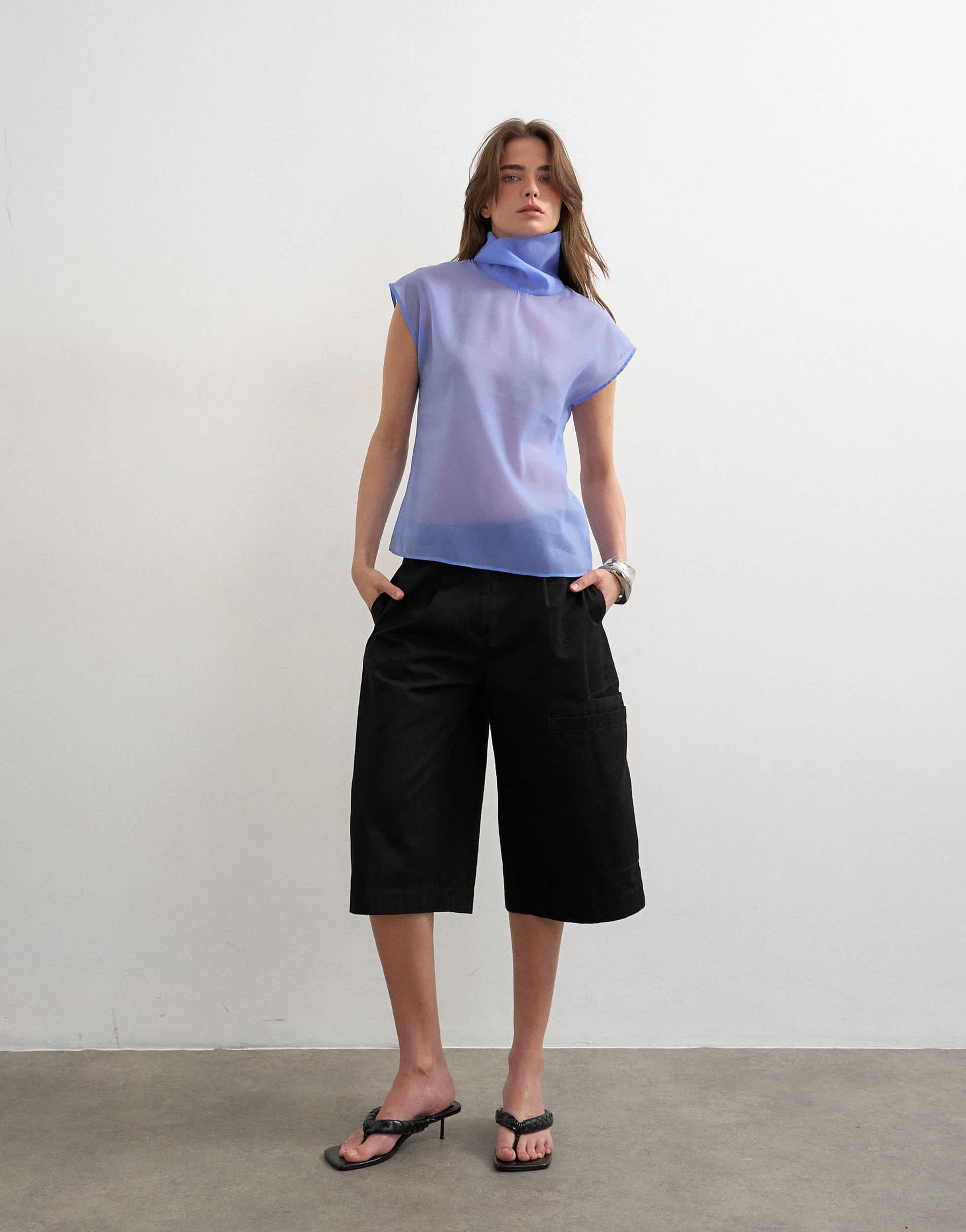 Topshop high neck grown on shoulder sheer organza top in cornflour blue