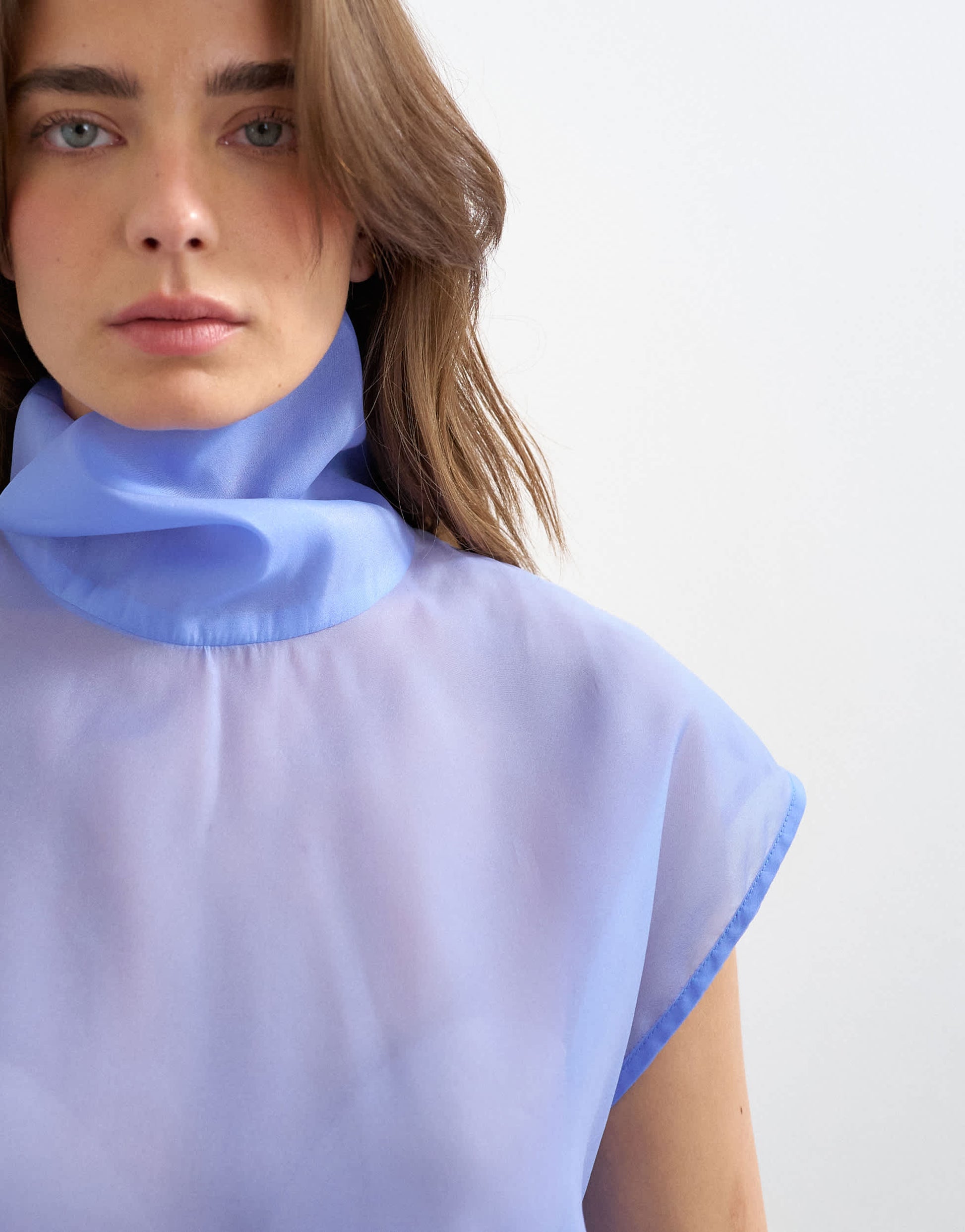 Topshop high neck grown on shoulder sheer organza top in cornflour blue