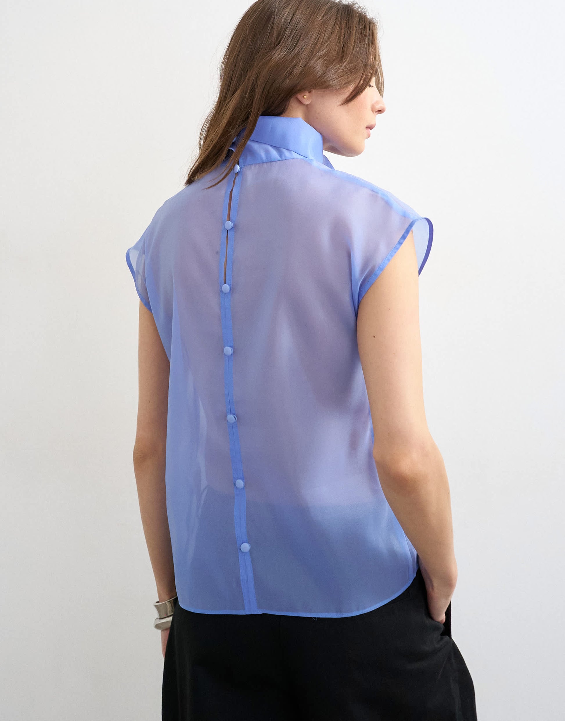 Topshop high neck grown on shoulder sheer organza top in cornflour blue