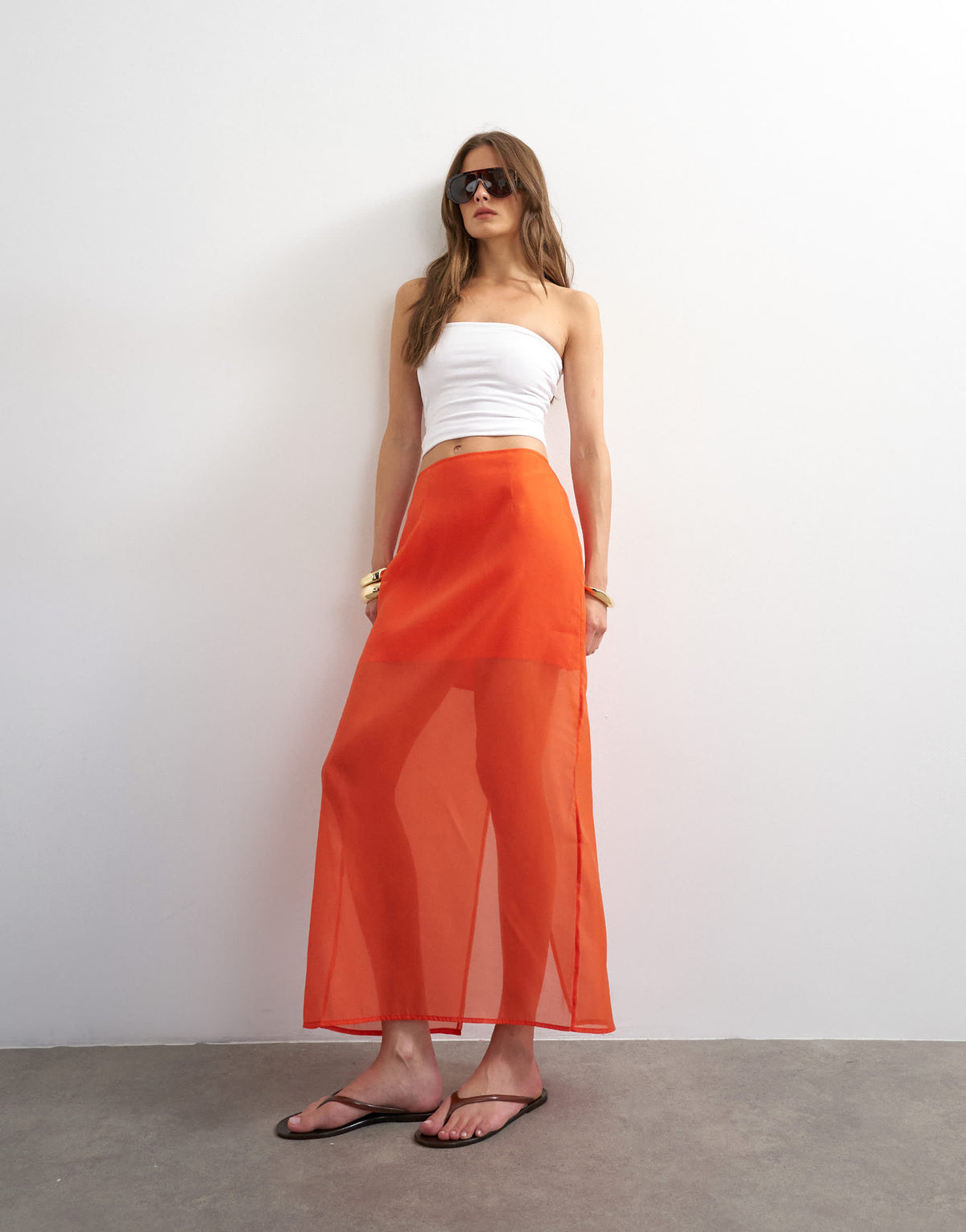 Topshop sheer organza maxi skirt in fiery orange