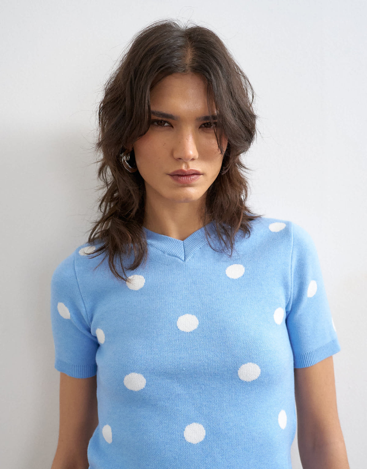 Topshop knitted spot high v neck top in blue